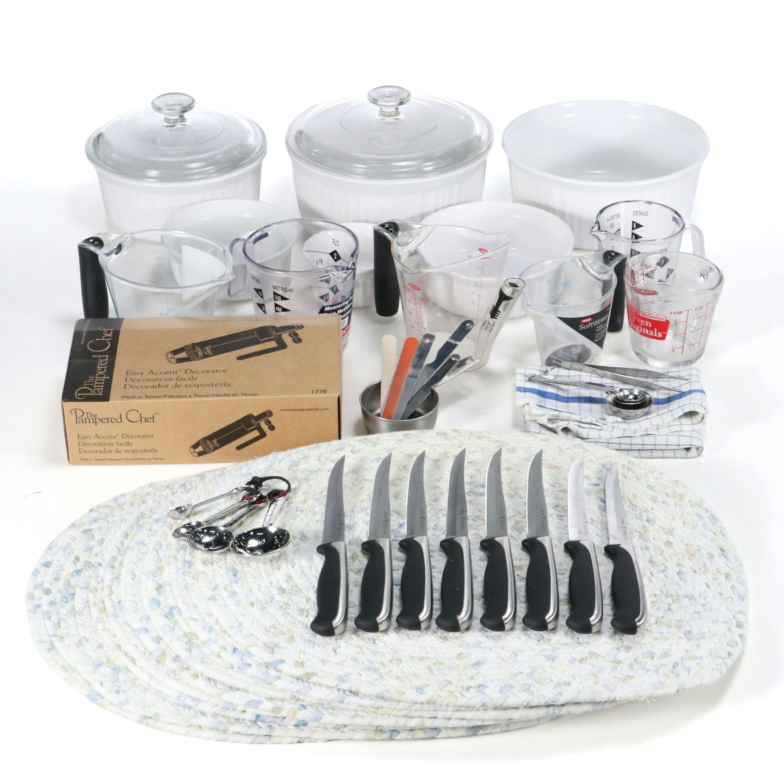 Corning Ware Stoneware Bakeware with Anchor Hocking Measuring Cups and More