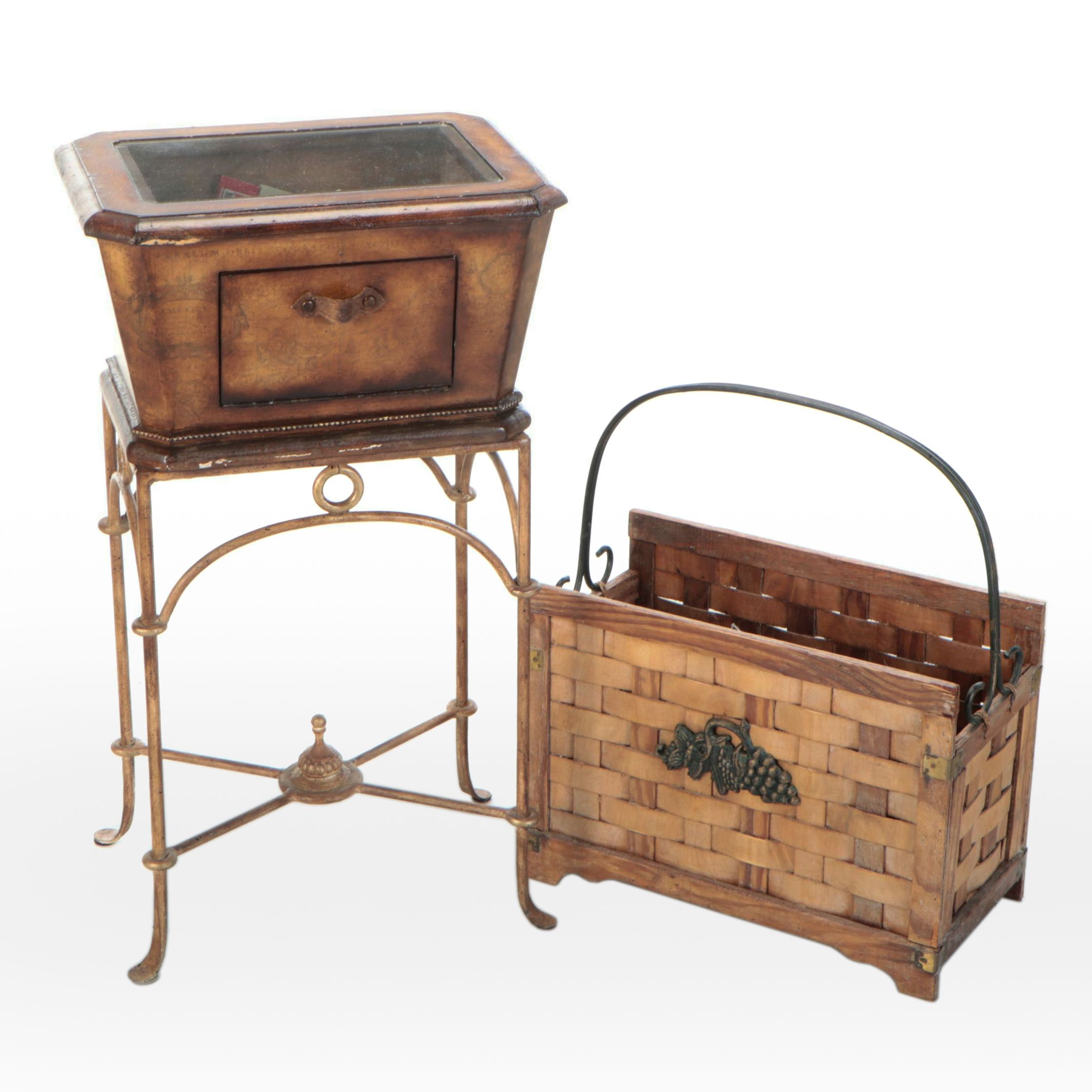 Regency Style Metal Planter on Stand with Woven Split Wood Magazine Rack