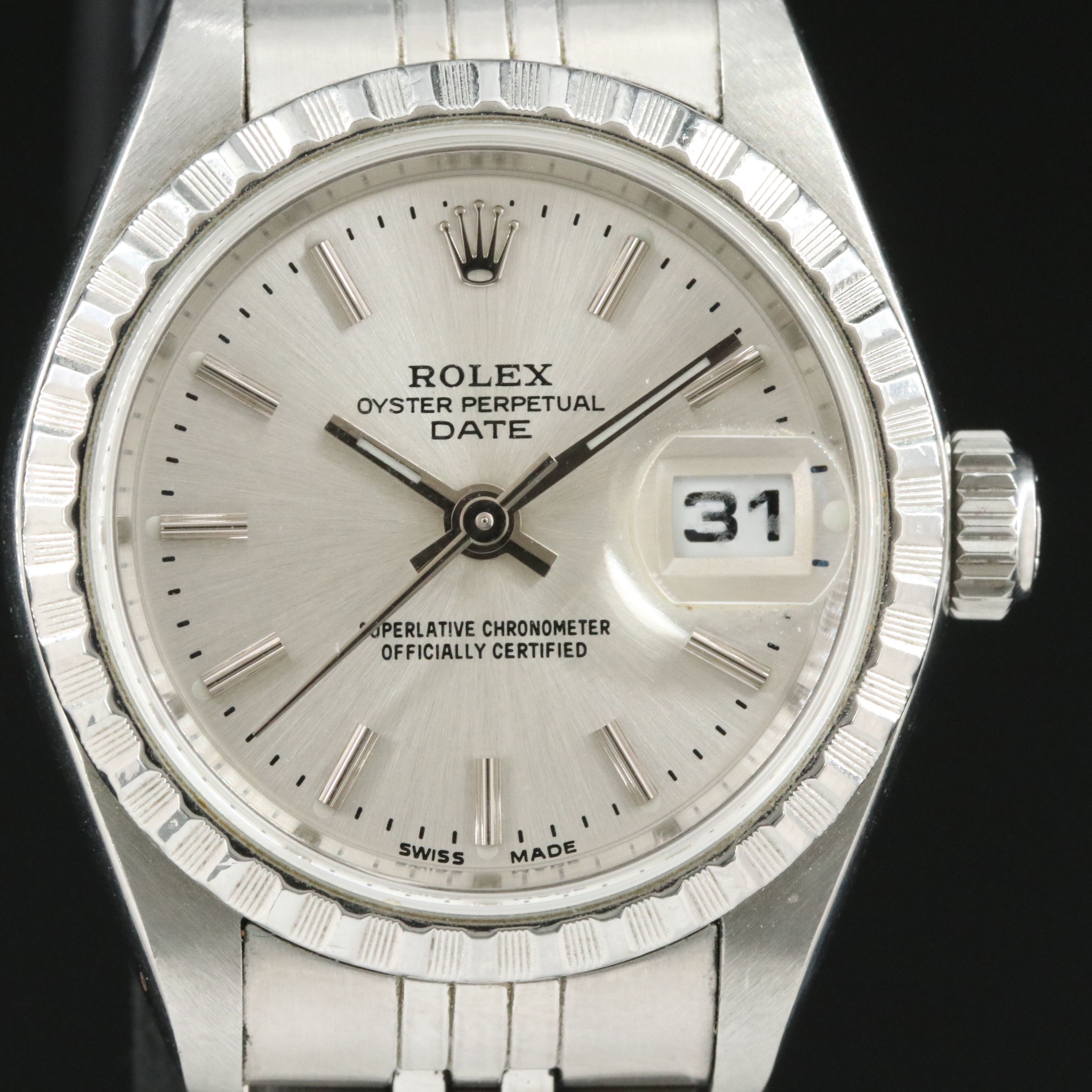 Rolex Oyster Perpetual Date 69240 Silver 26mm Steel Automatic Watch circa 1988