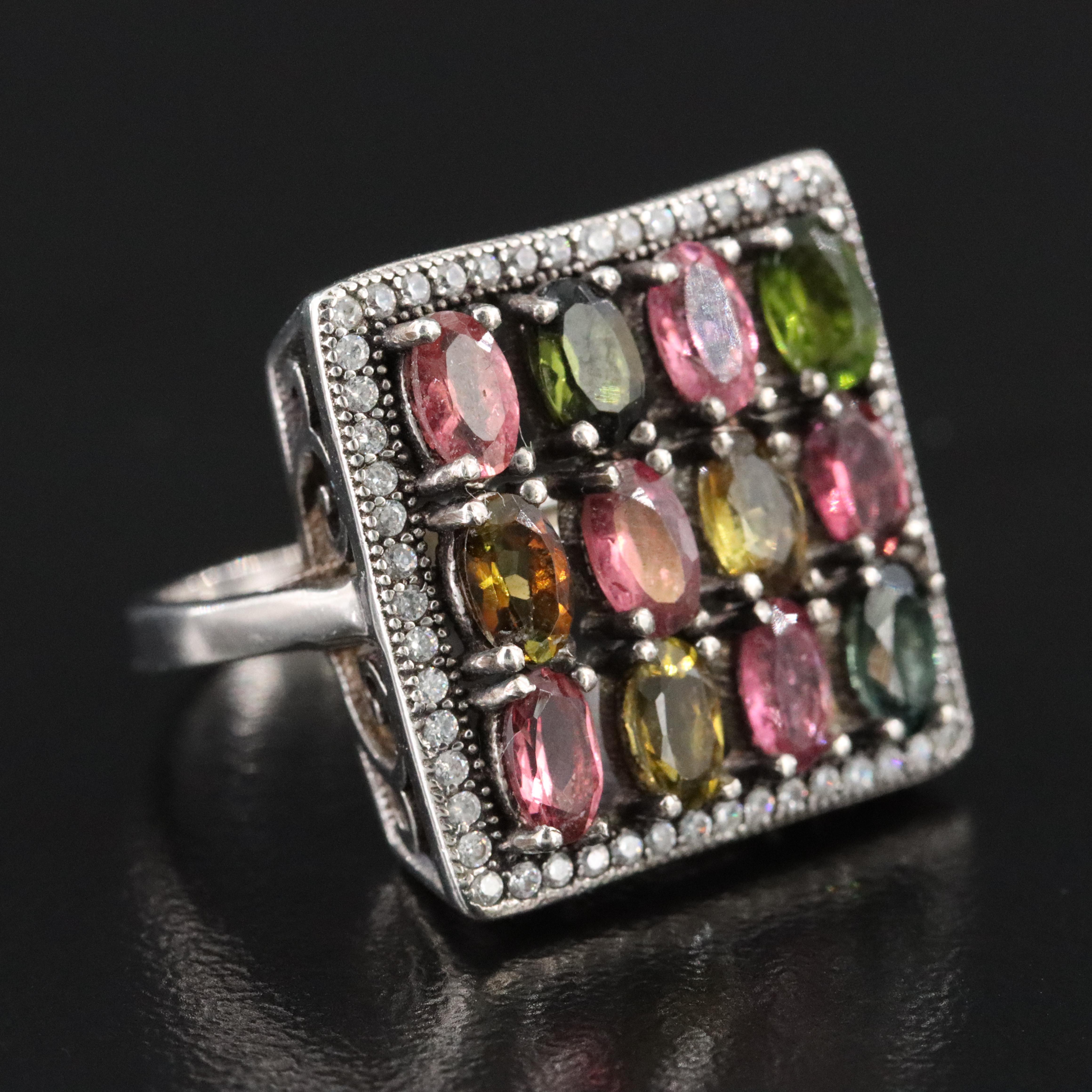 Sterling Tourmaline and CZ Square Ring