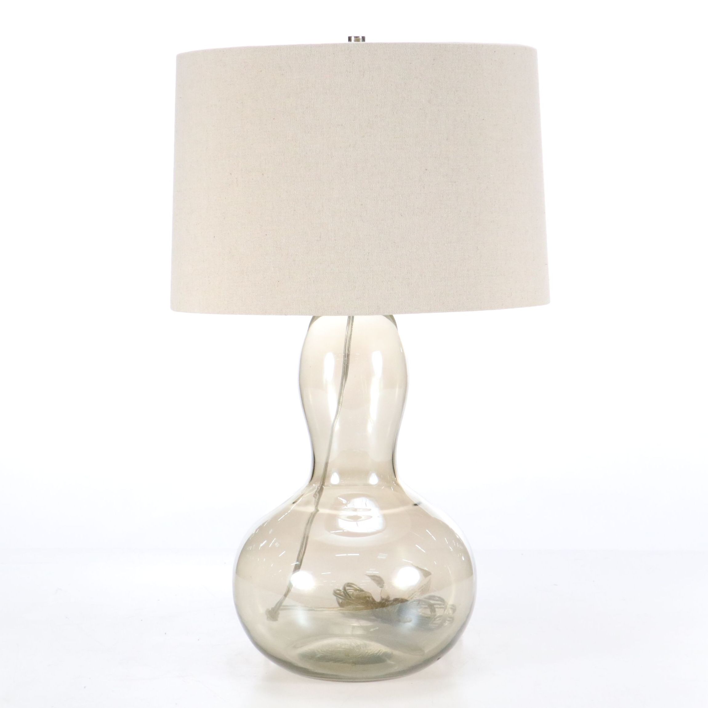 Mold Blown Smoky Glass Double Gourd Table Lamp with Linen Drum Shade