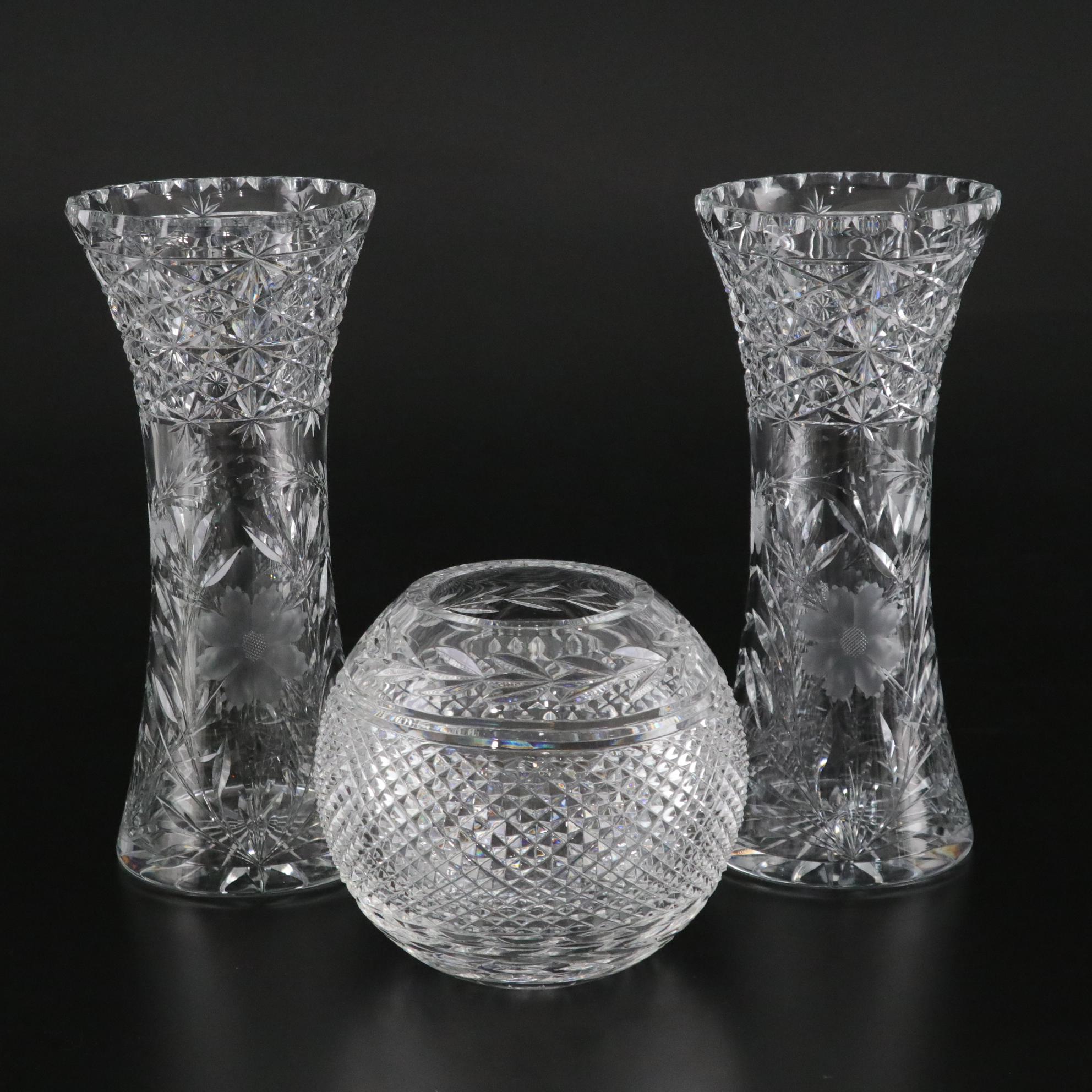 Galway "Leah" Crystal Rose Bowl with American Brilliant Cut Crystal Vases