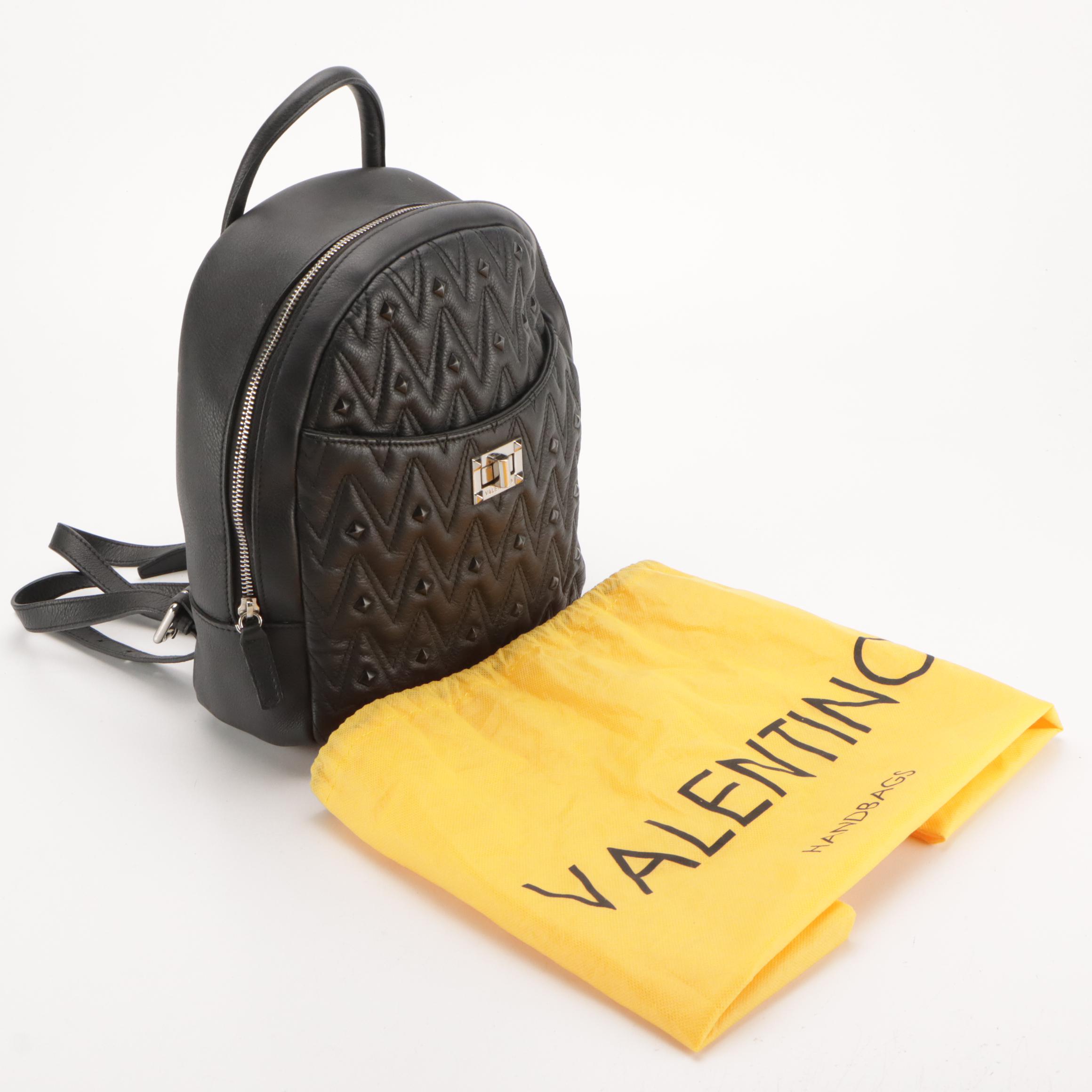 Mario Valentino Spa Mini Backpack in Black Studded and Chevron Quilted Leather