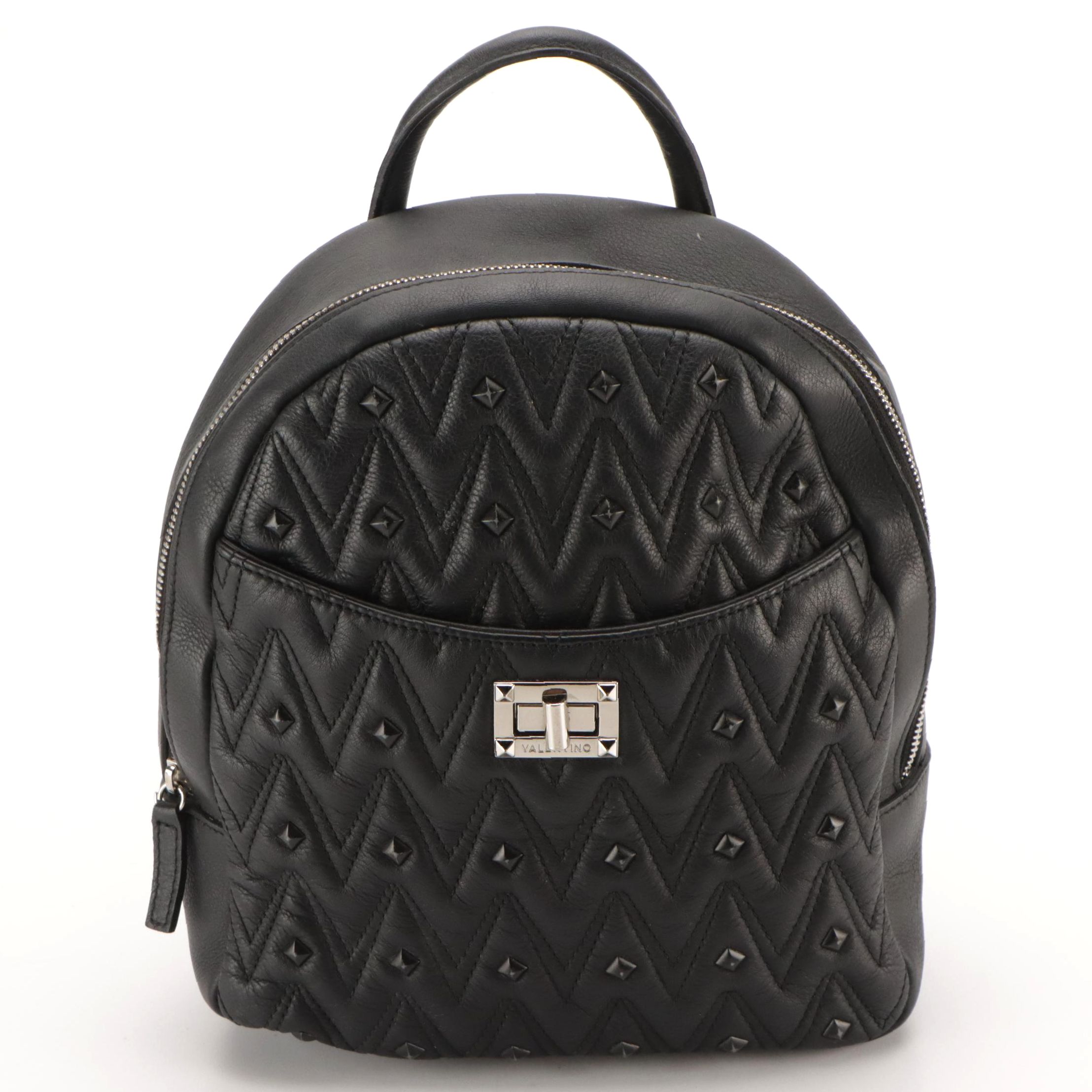 Mario Valentino Spa Mini Backpack in Black Studded and Chevron Quilted Leather