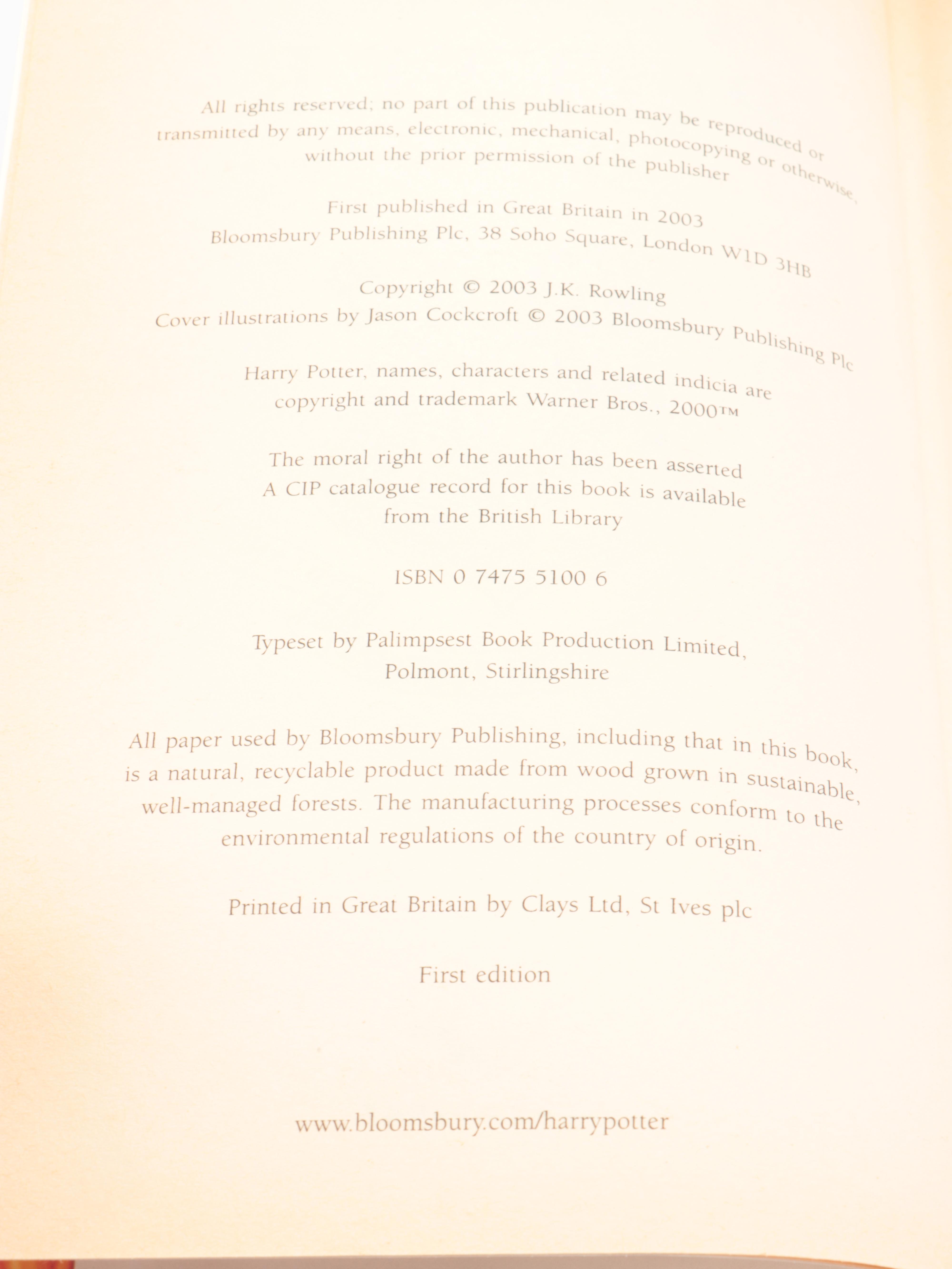 First UK Edition "Harry Potter and the Order of the Phoenix" by J. K. Rowling