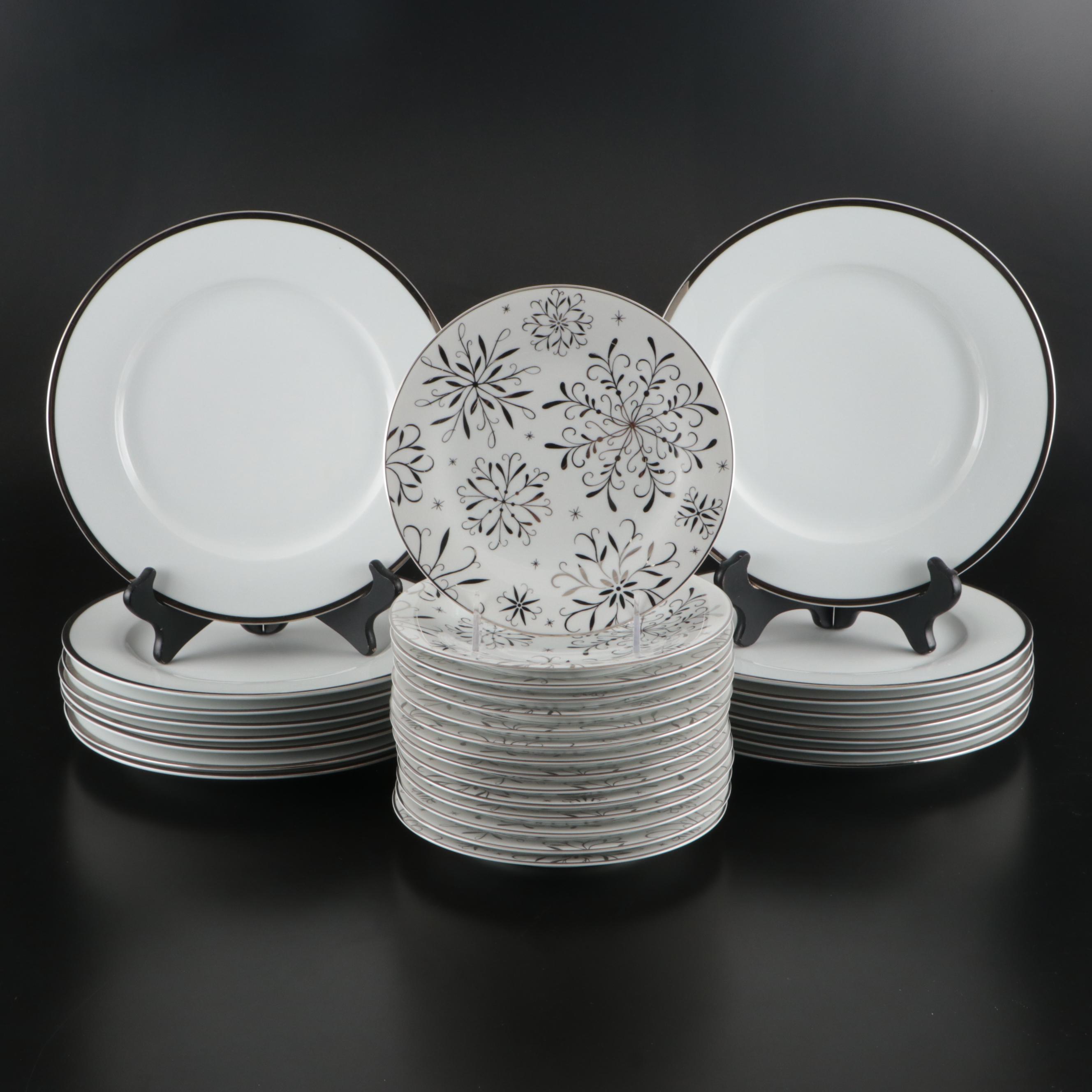 Pottery Barn "Snowflakes" Ceramic Salad Plates with Crate & Barrel Dinner Plates