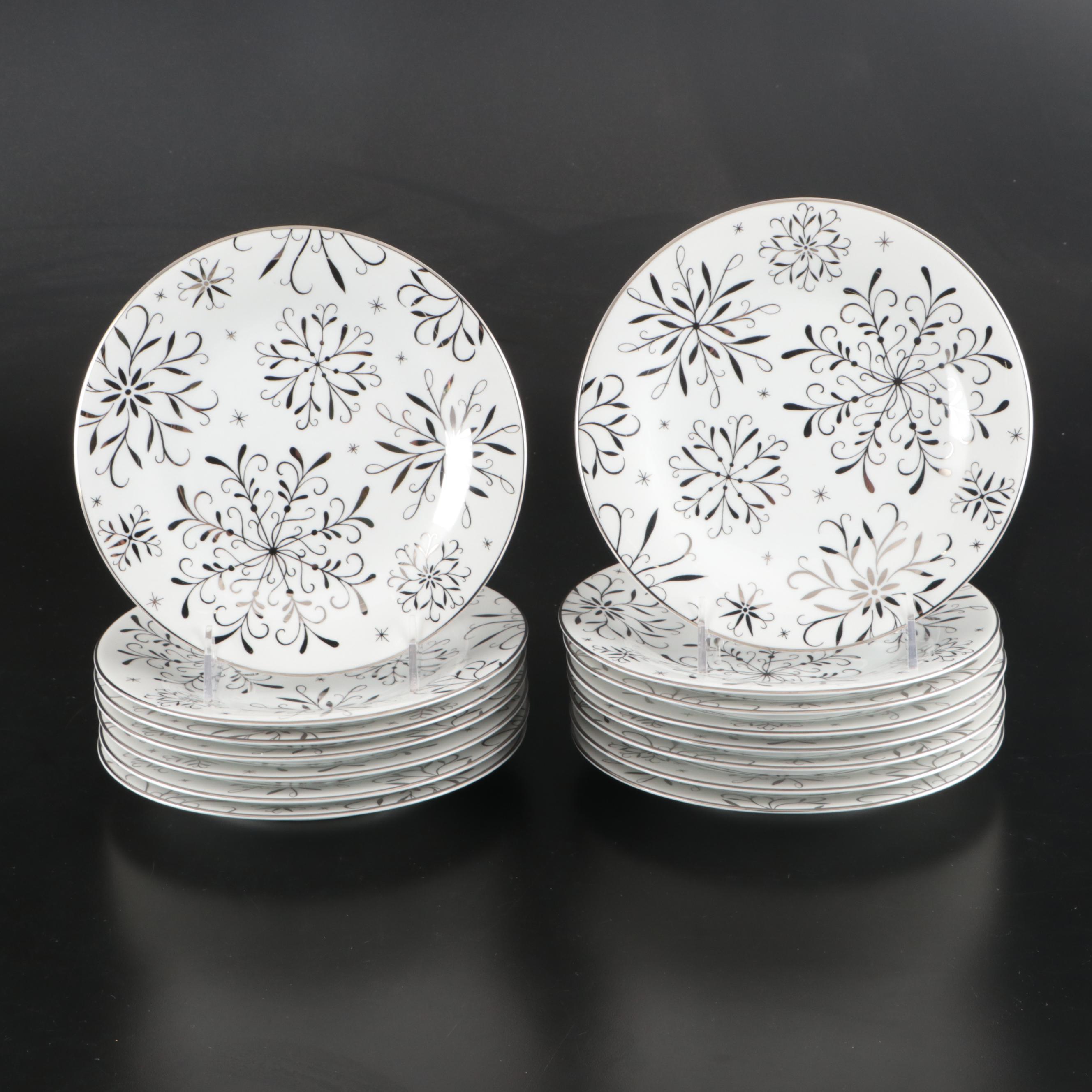 Pottery Barn "Snowflakes" Ceramic Salad Plates with Crate & Barrel Dinner Plates