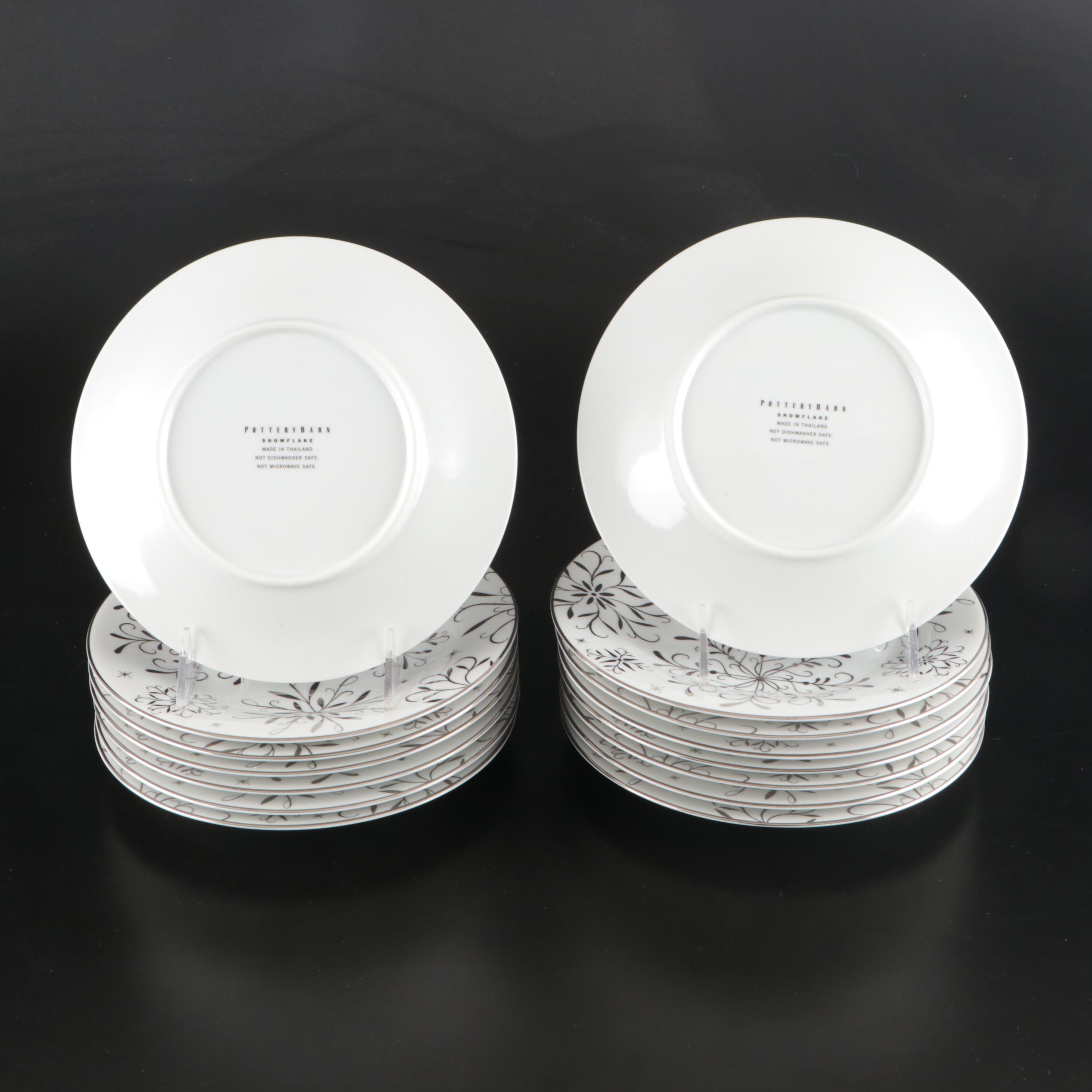 Pottery Barn "Snowflakes" Ceramic Salad Plates with Crate & Barrel Dinner Plates