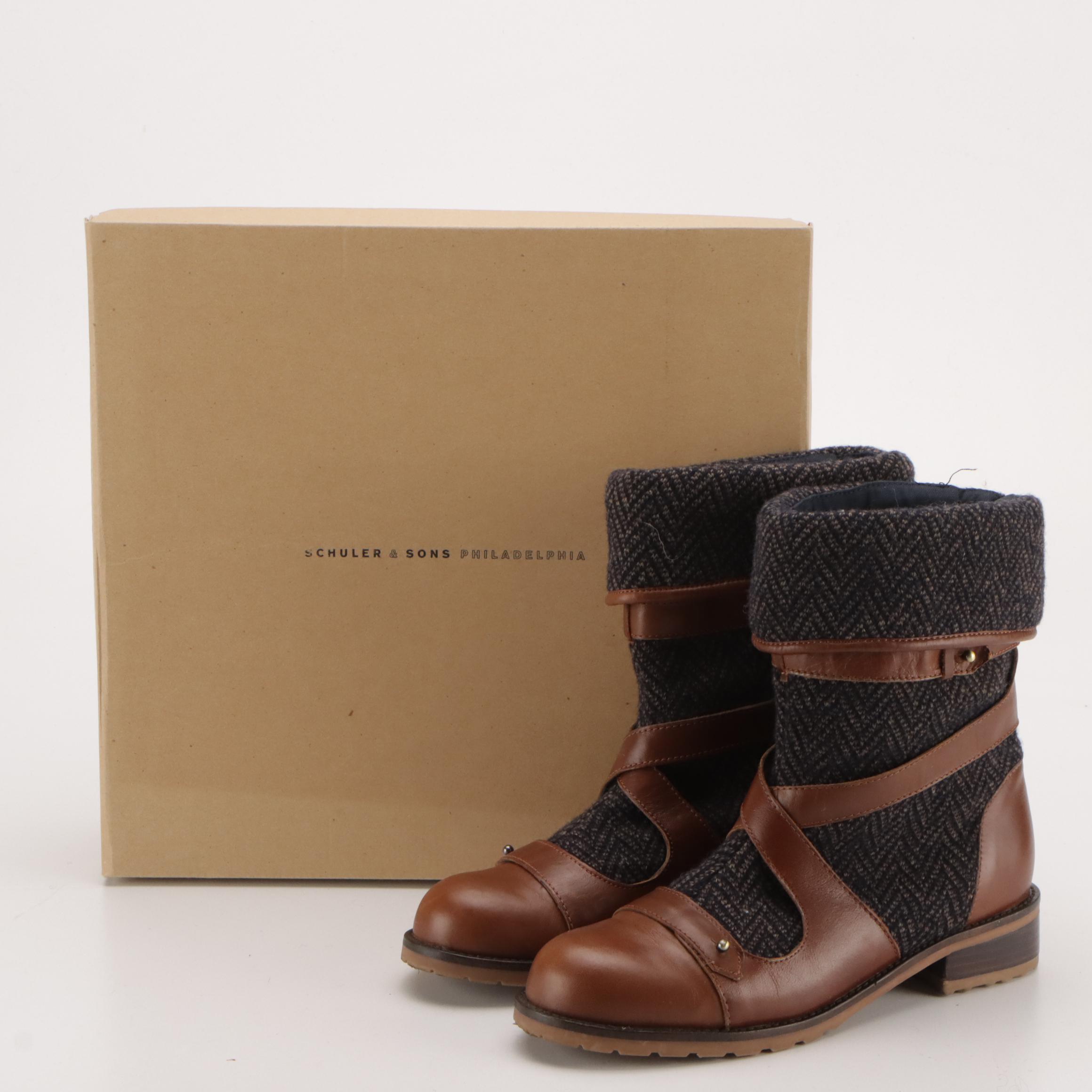 Schuler & Sons for Anthropologie Deanna Harness Boots in Tweed/Leather with Box