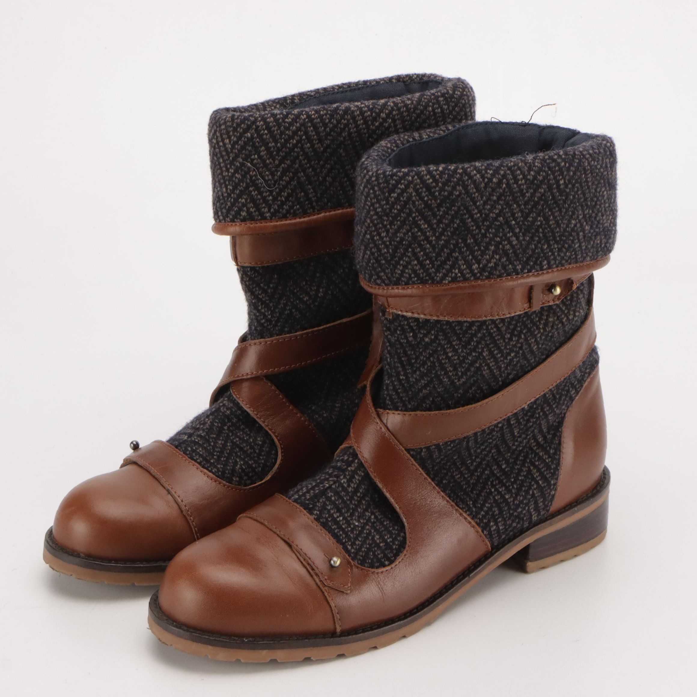 Schuler & Sons for Anthropologie Deanna Harness Boots in Tweed/Leather with Box