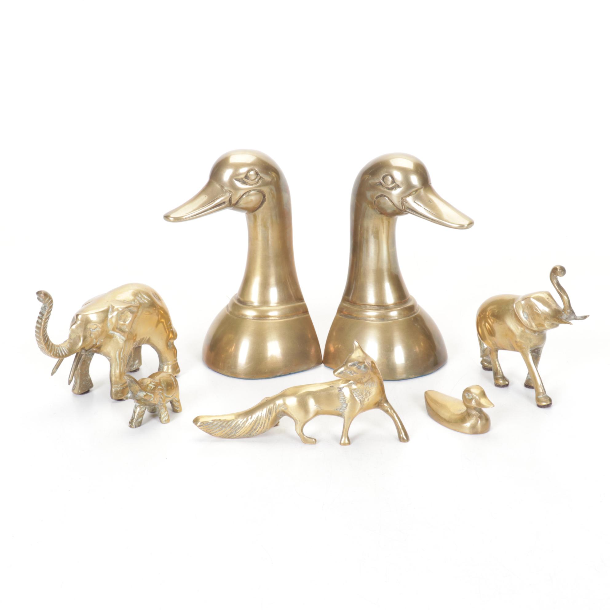 Brass Duck Head Bookends with Elephant, Fox and Duck Figurines