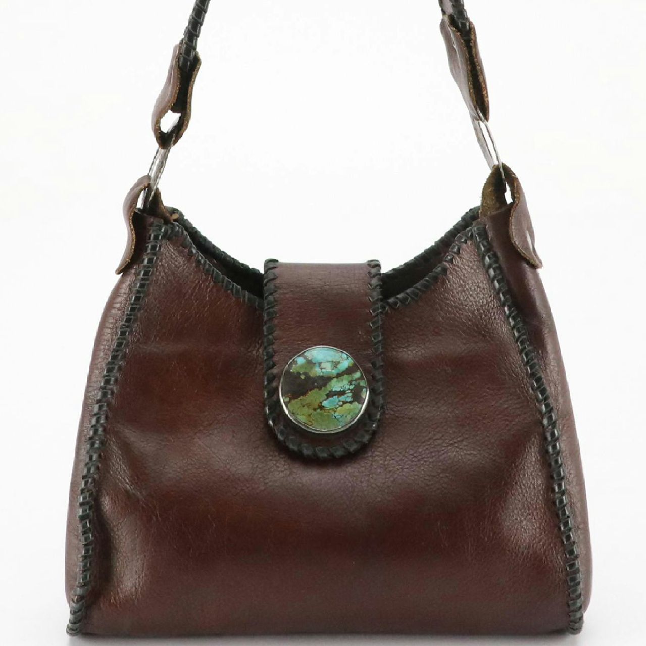 Vintage Shoulder Bag in Brown Whip Stitched Leather and Sterling Silver Accents