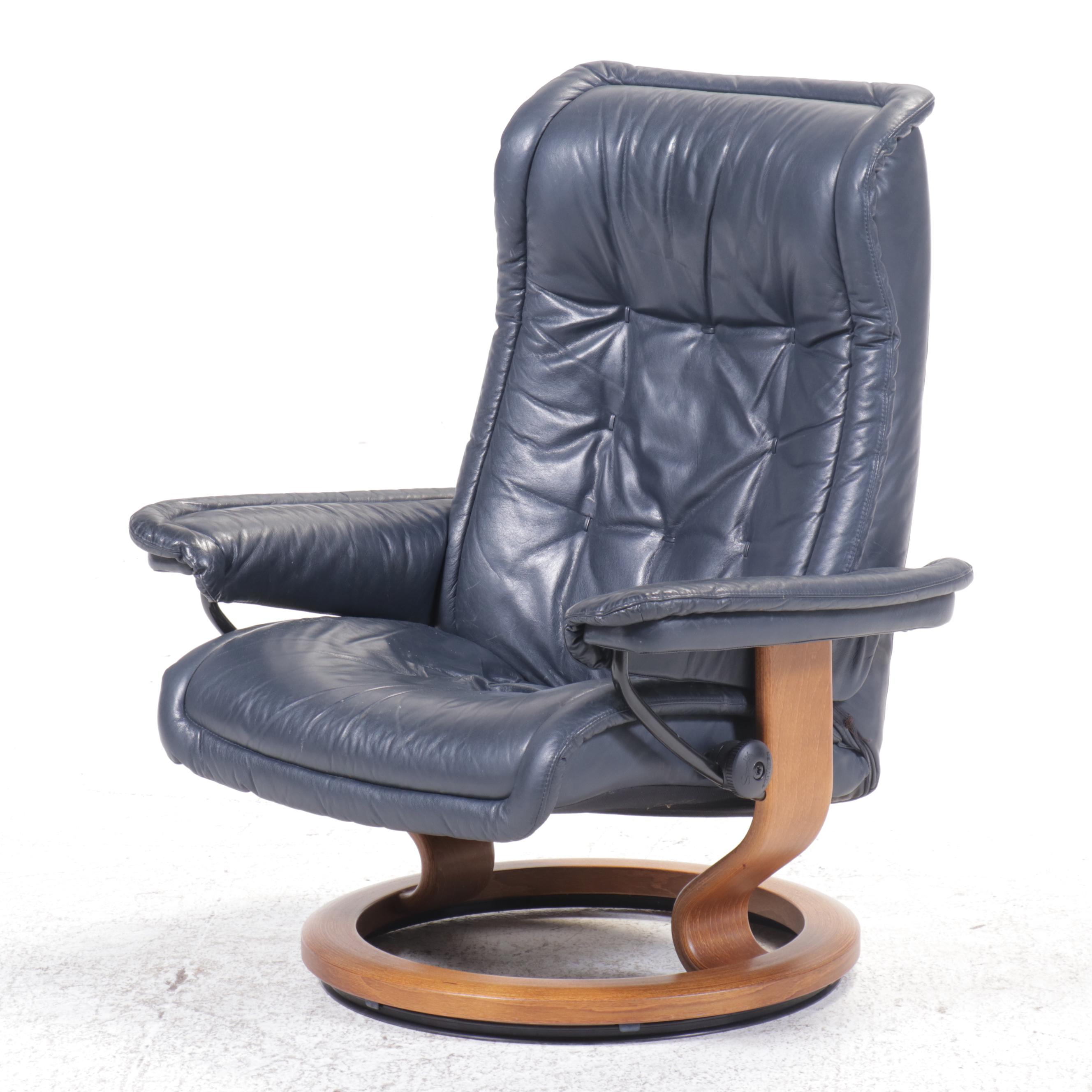 Ekornes Navy Leather Lounge Chair with Ottoman