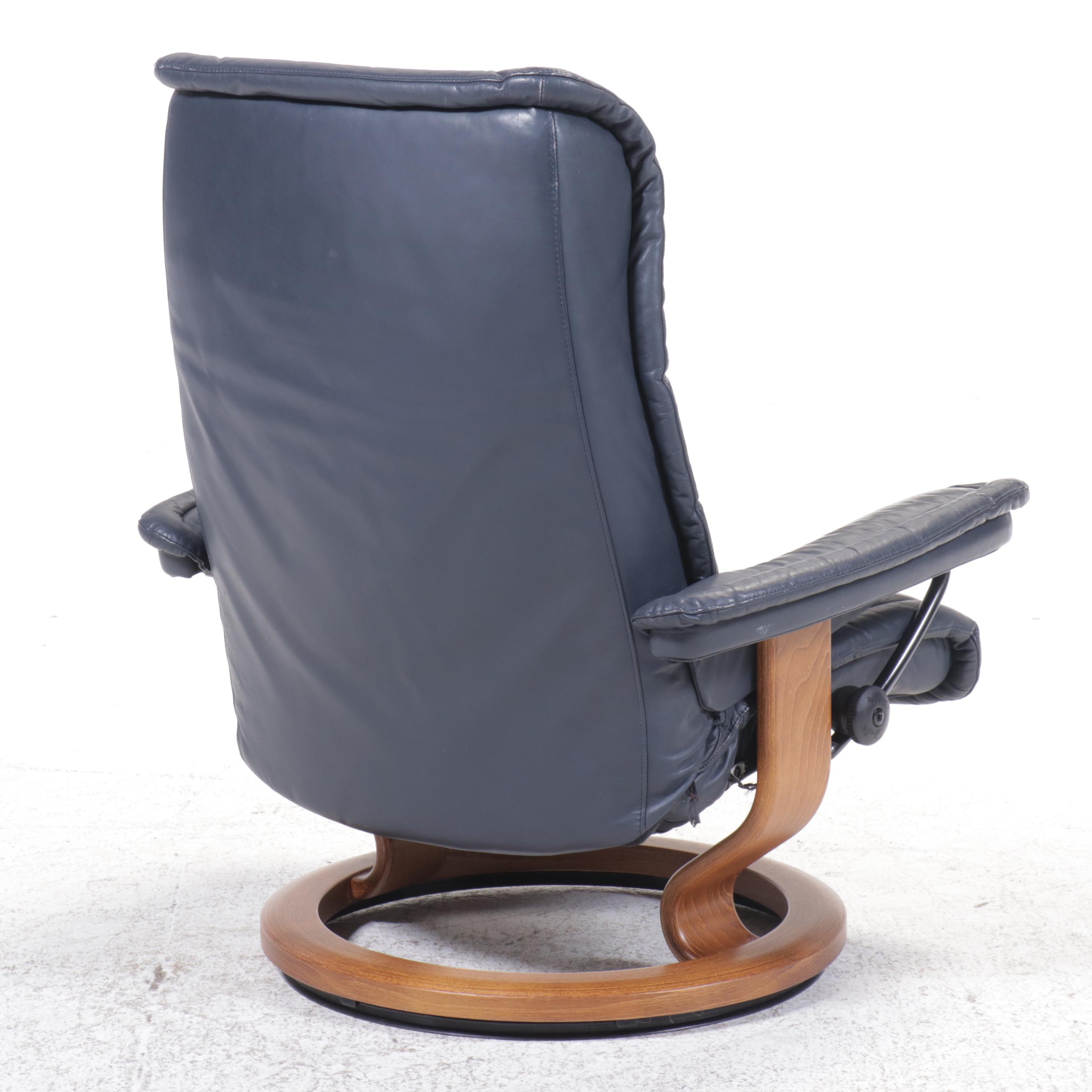 Ekornes Navy Leather Lounge Chair with Ottoman