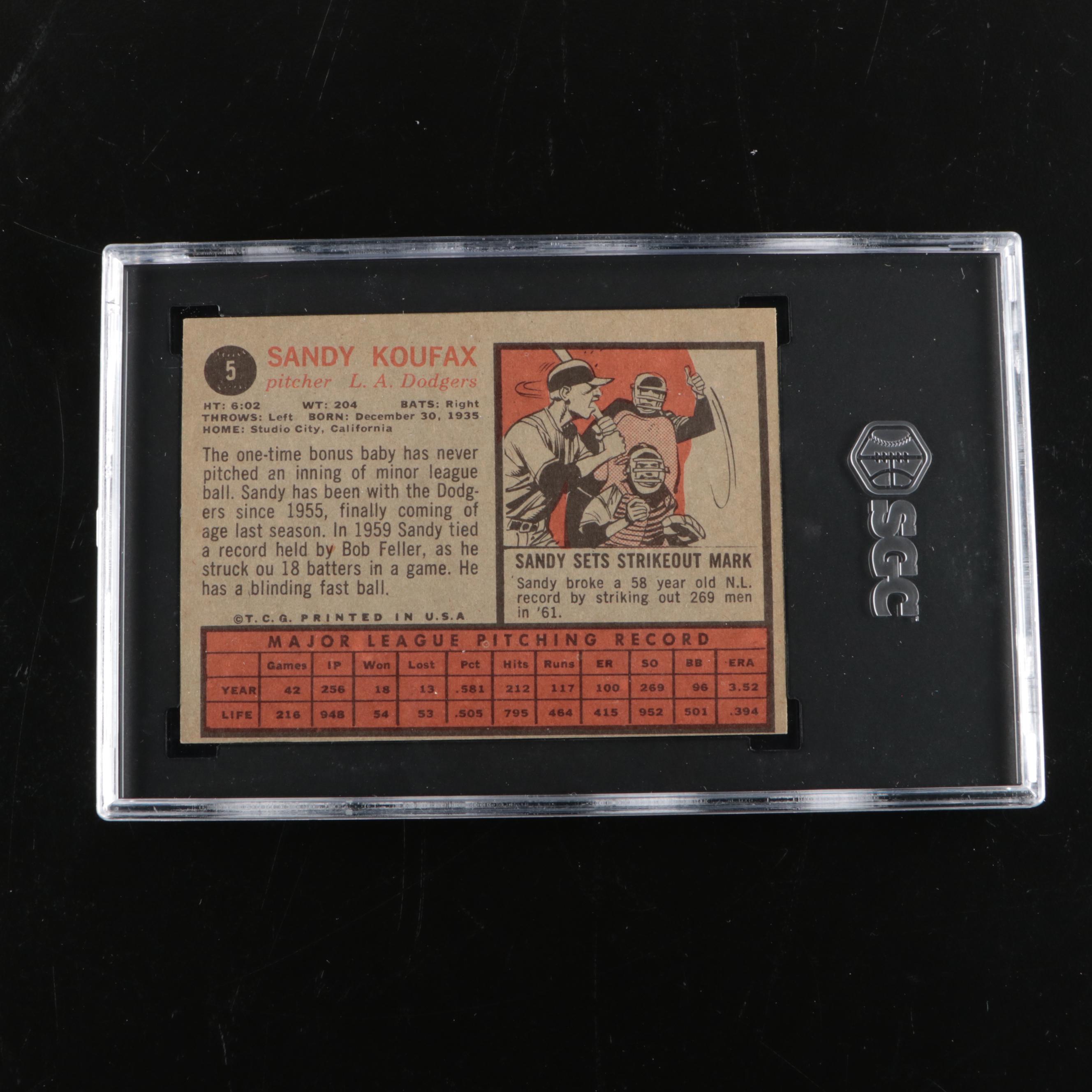 1962 Topps Sandy Koufax Los Angeles Dodgers Baseball Card Graded SGC 4