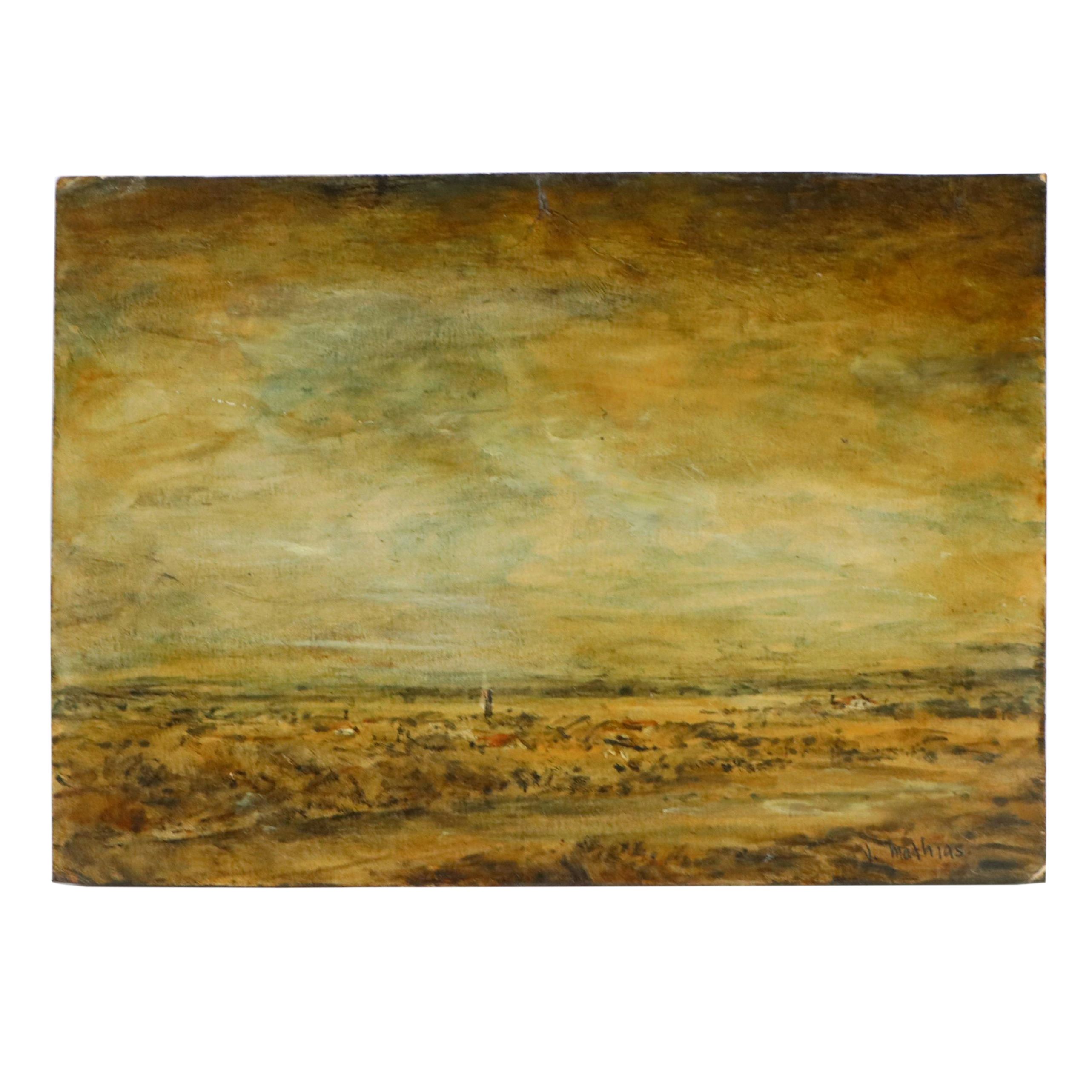 Victor Mathias Landscape Oil Painting with Red Roofed Buildings, 20th Century