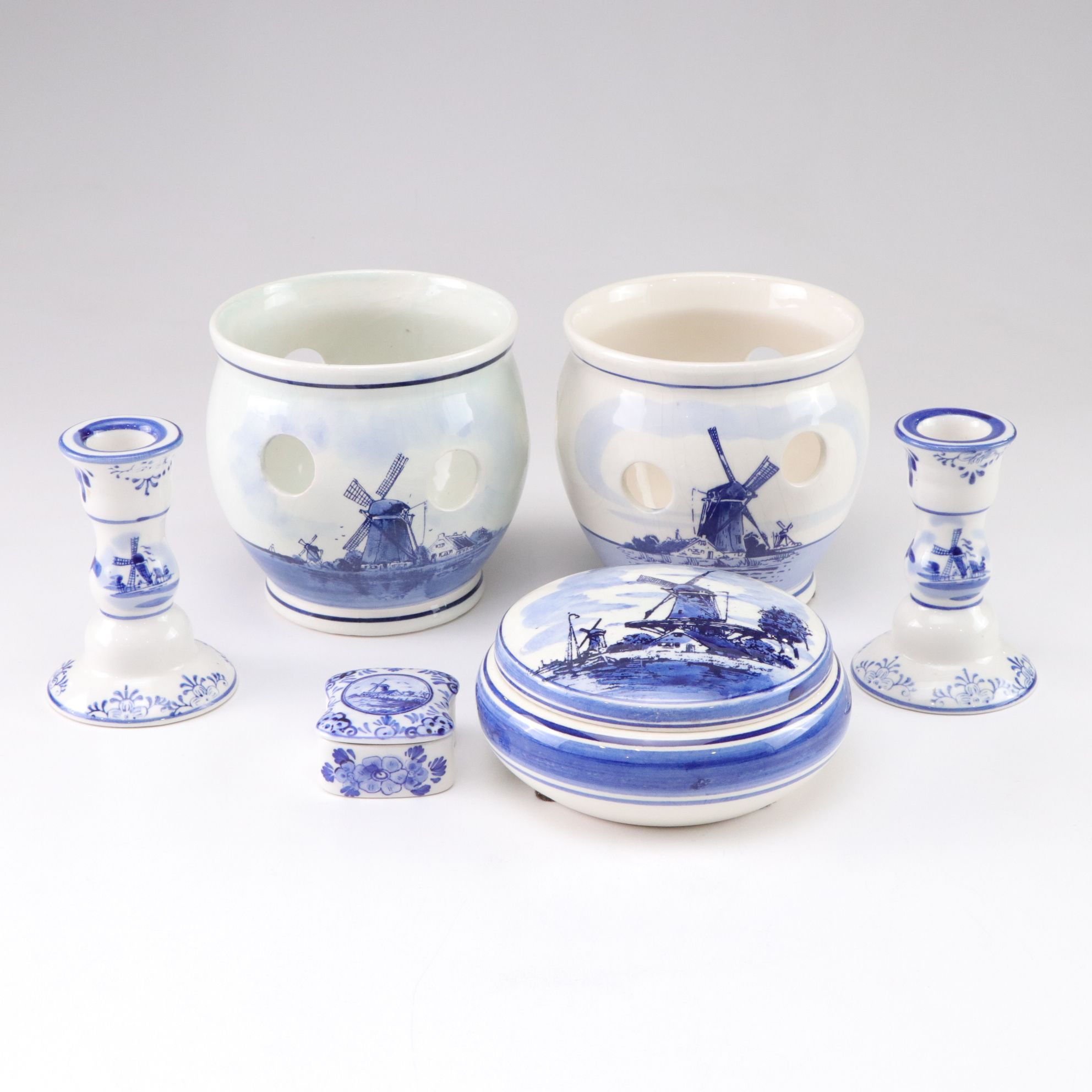 Delft Blue Crocus Planters, Candlesticks & Decorative Boxes with Windmill Motif