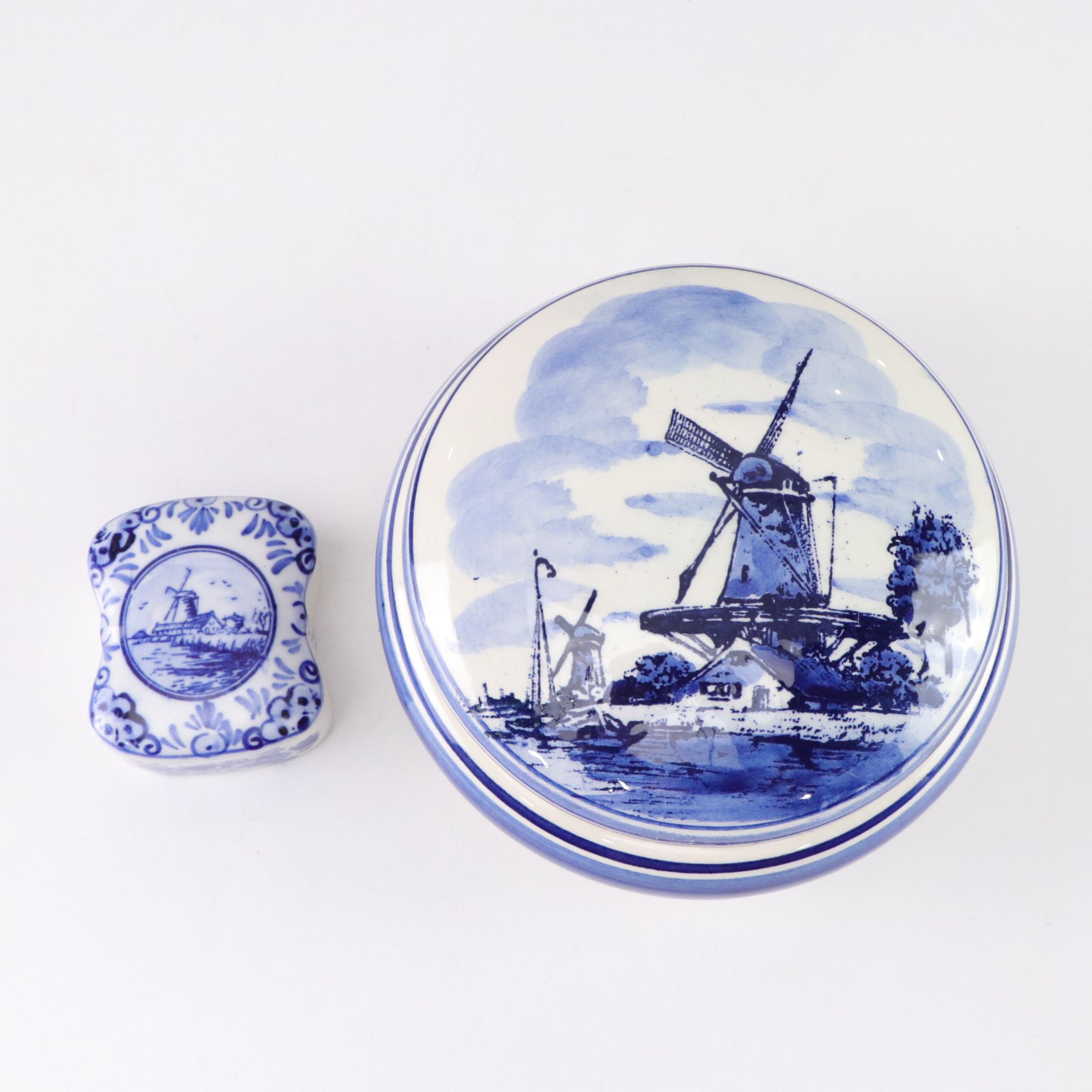 Delft Blue Crocus Planters, Candlesticks & Decorative Boxes with Windmill Motif