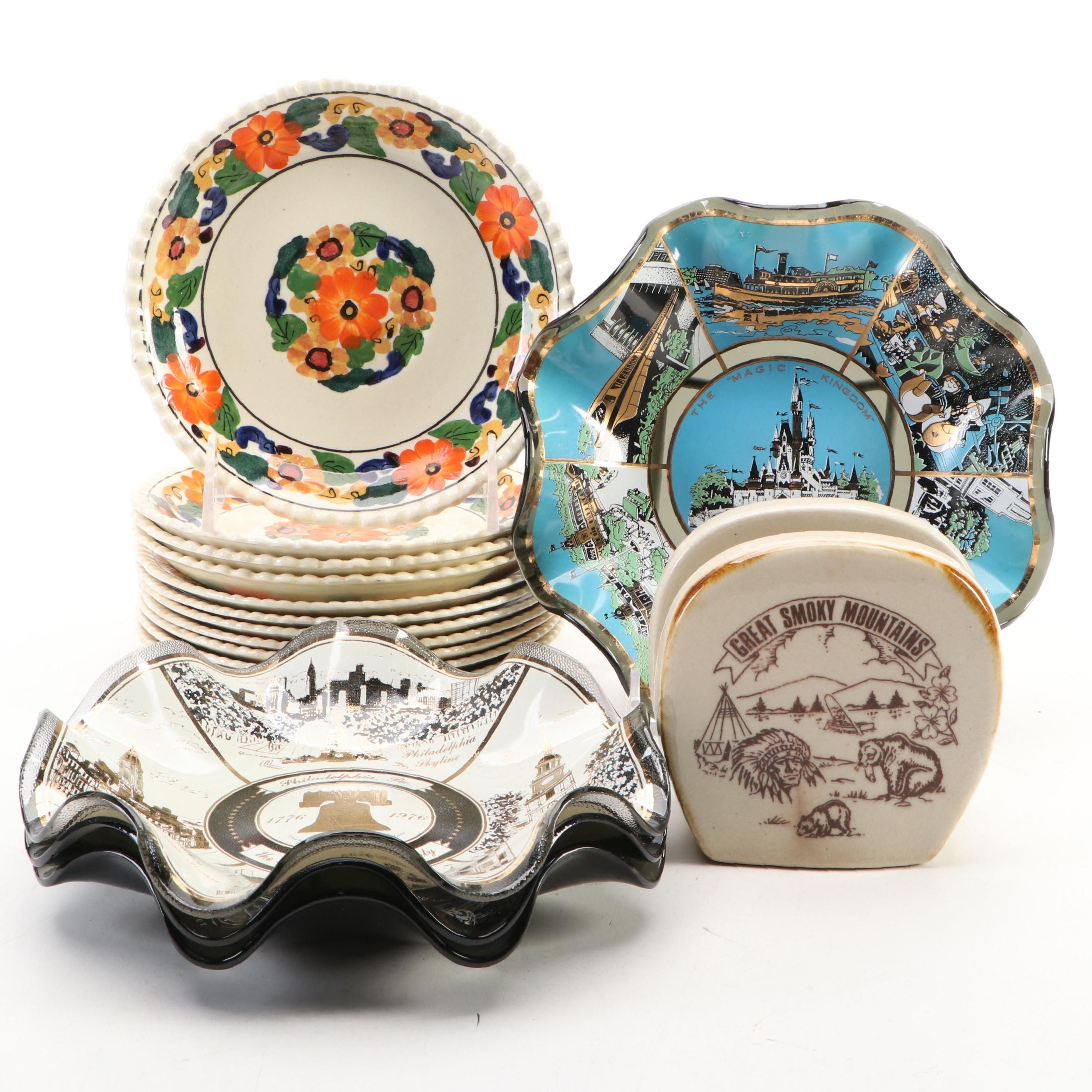 Adams China "Maytime" Bread and Butter Plates with Napkin Holder and Glass Bowls