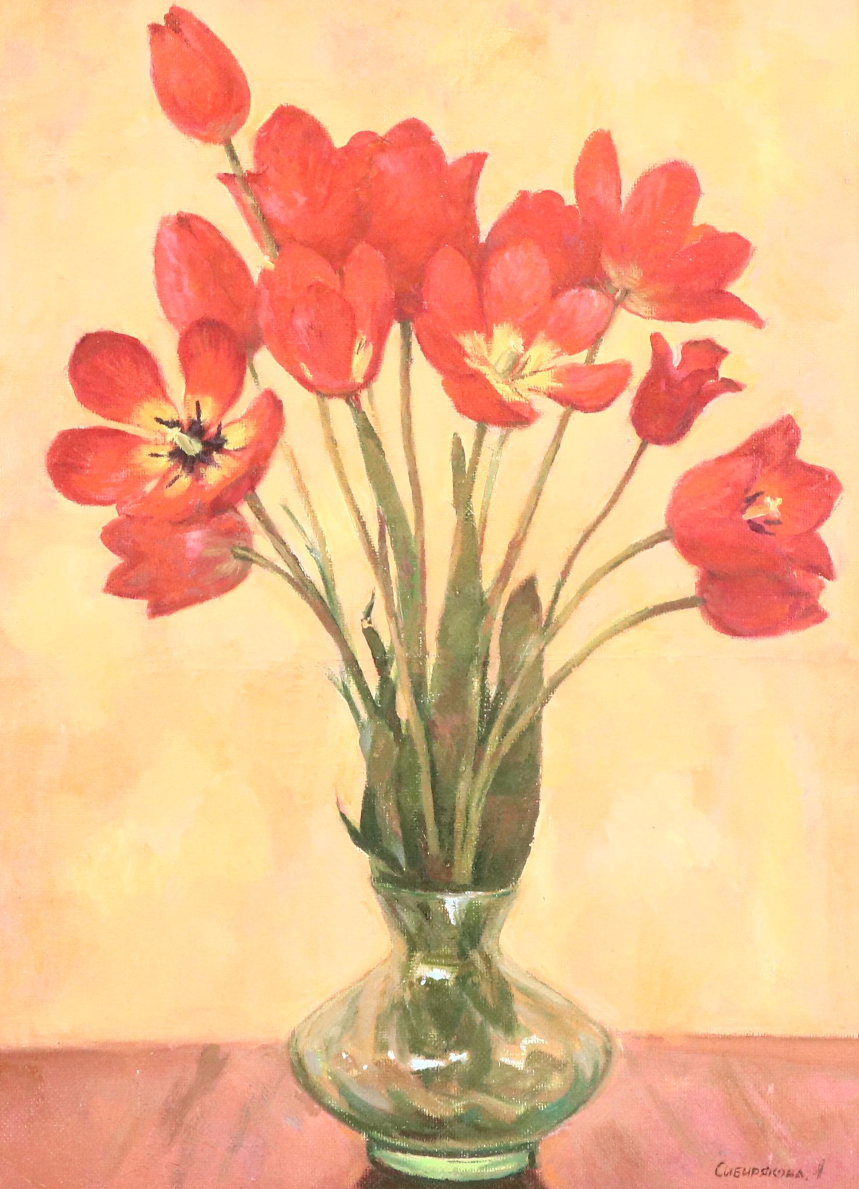 Sibijakova Ludmila Floral Still Life Oil Painting of Tulips "тюльпаны," 1964