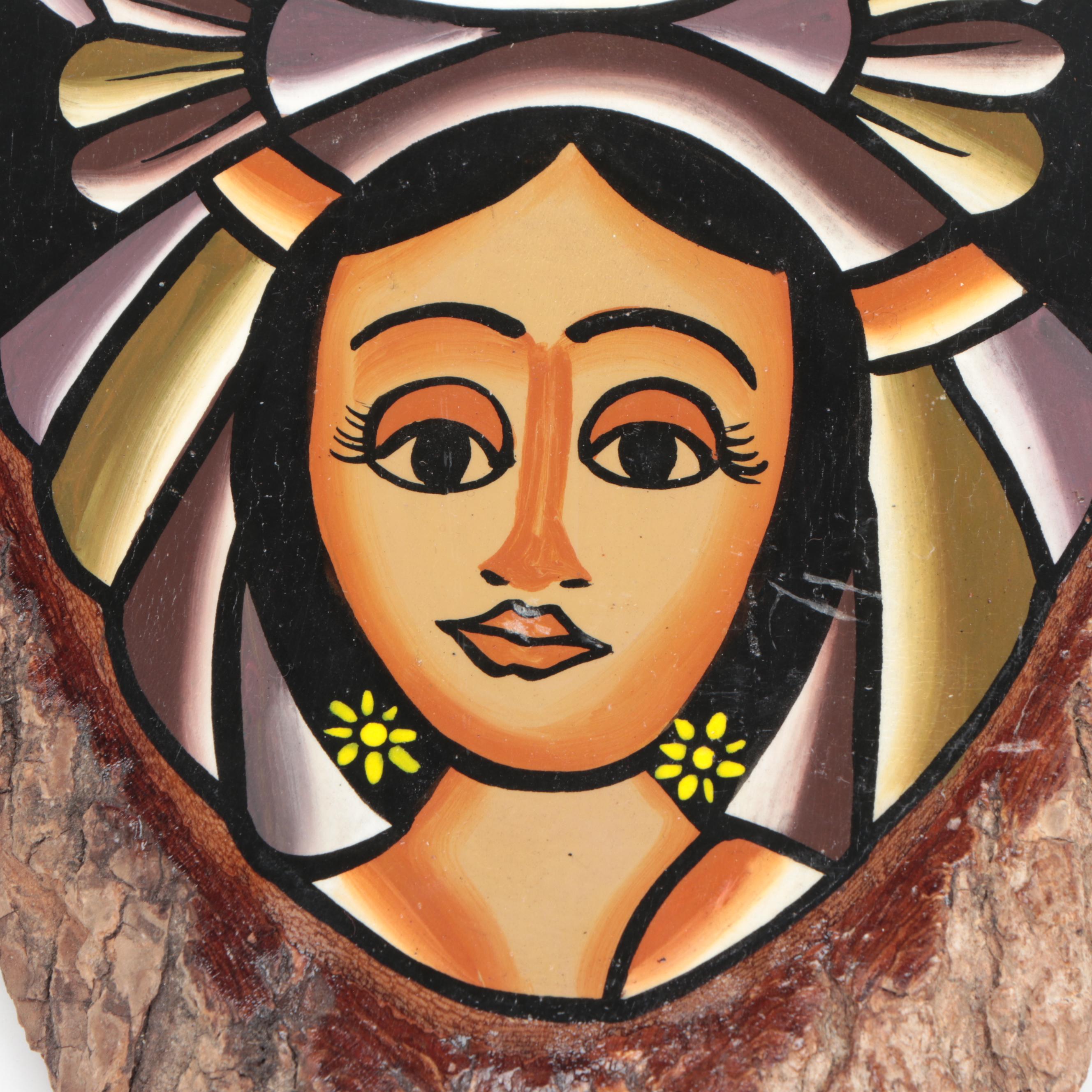 Aztec Calendar Replica Plaque with Artist Hand-Painted Wood Panel