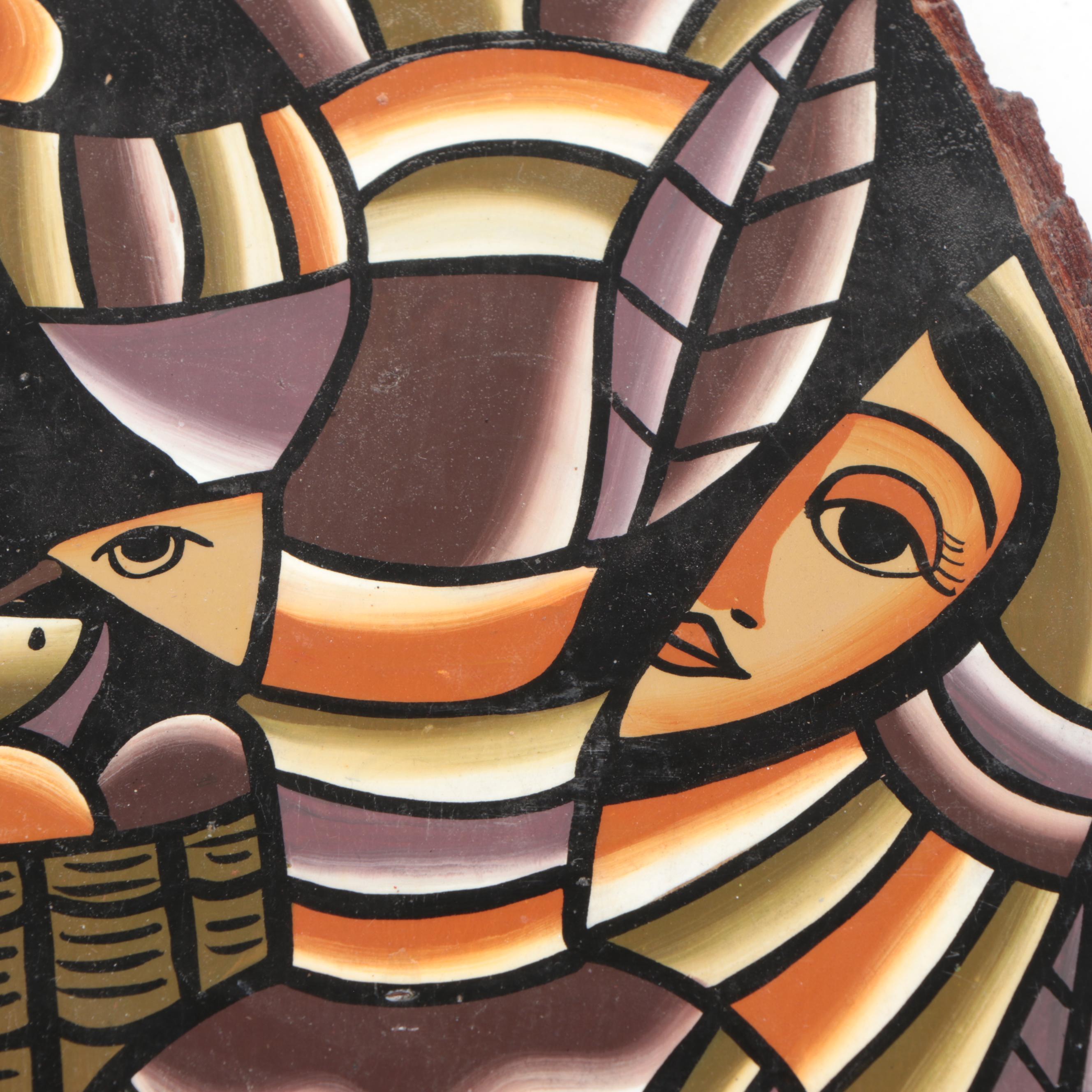 Aztec Calendar Replica Plaque with Artist Hand-Painted Wood Panel