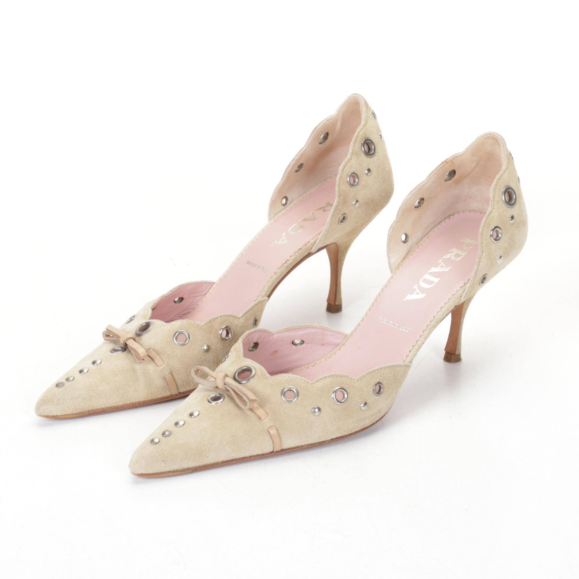 Prada Tan Suede Perforated Eyelet D'orsay Pumps