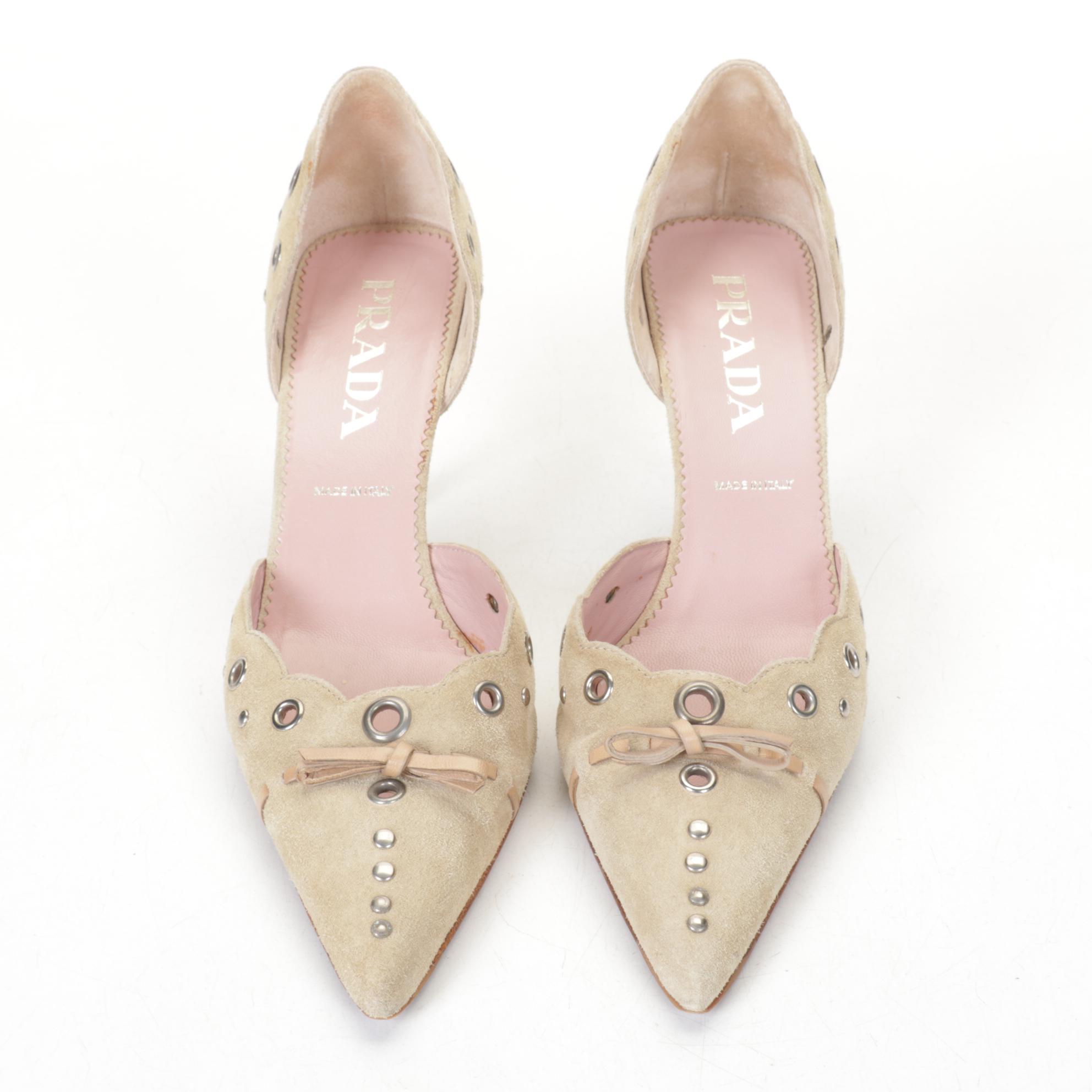 Prada Tan Suede Perforated Eyelet D'orsay Pumps
