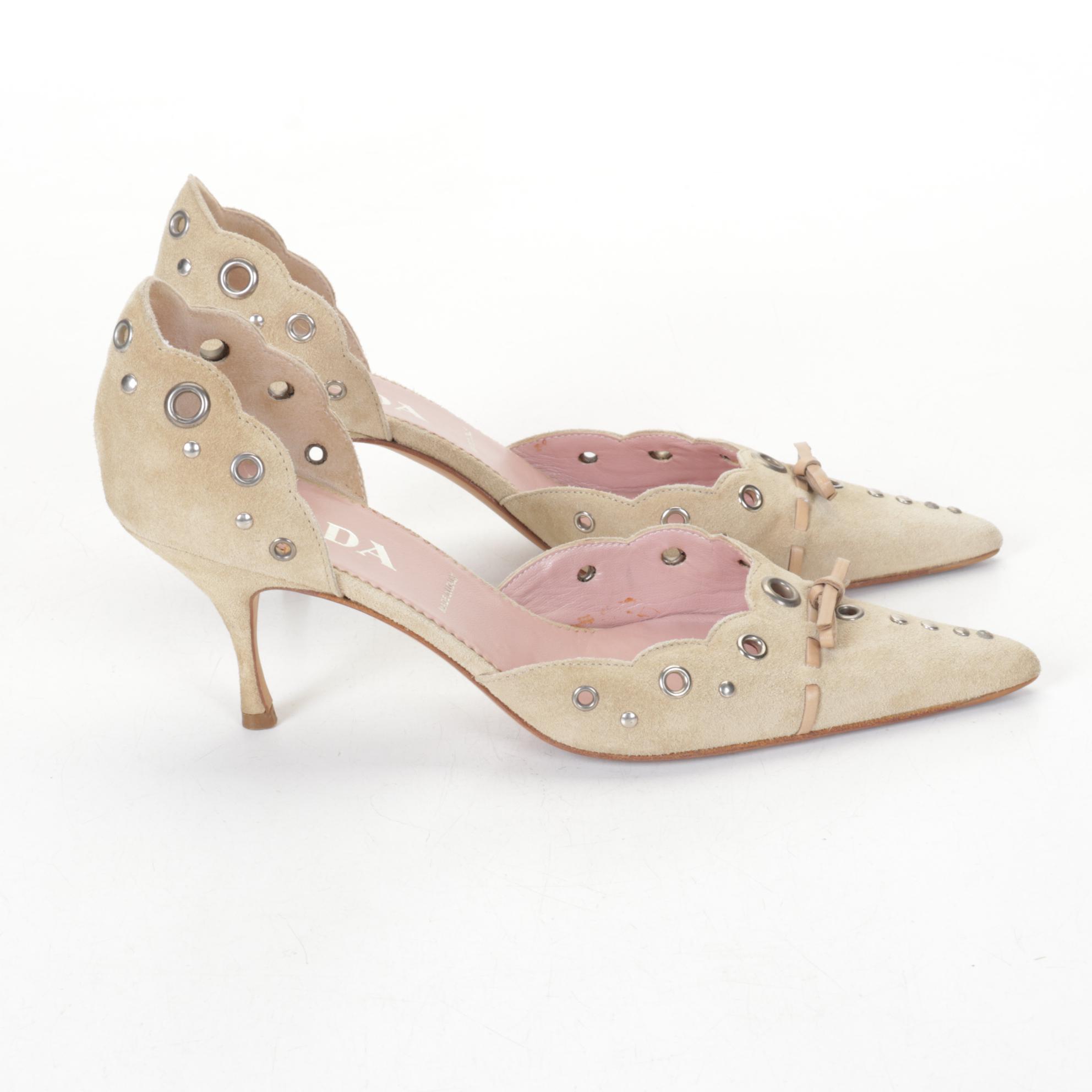 Prada Tan Suede Perforated Eyelet D'orsay Pumps