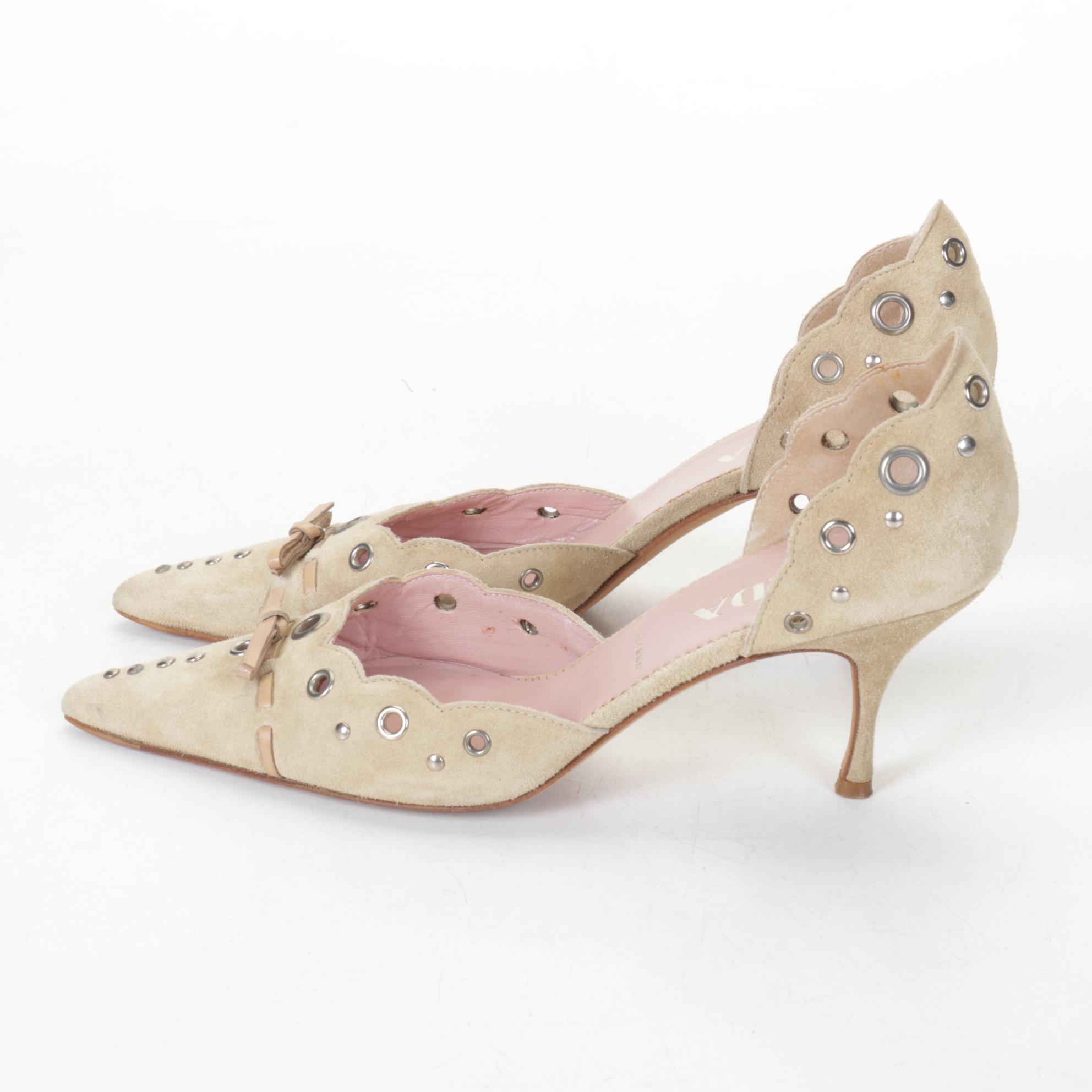 Prada Tan Suede Perforated Eyelet D'orsay Pumps