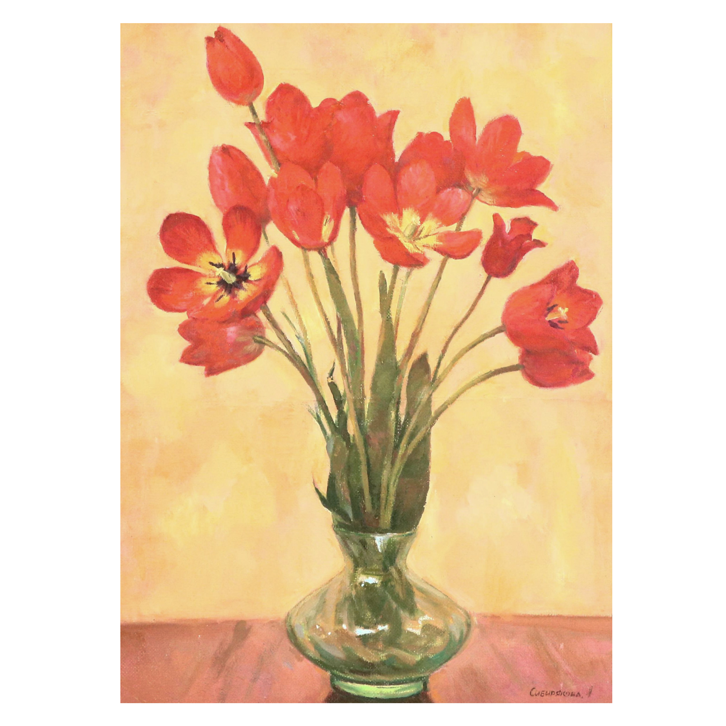 Sibijakova Ludmila Floral Still Life Oil Painting of Tulips "тюльпаны," 1964