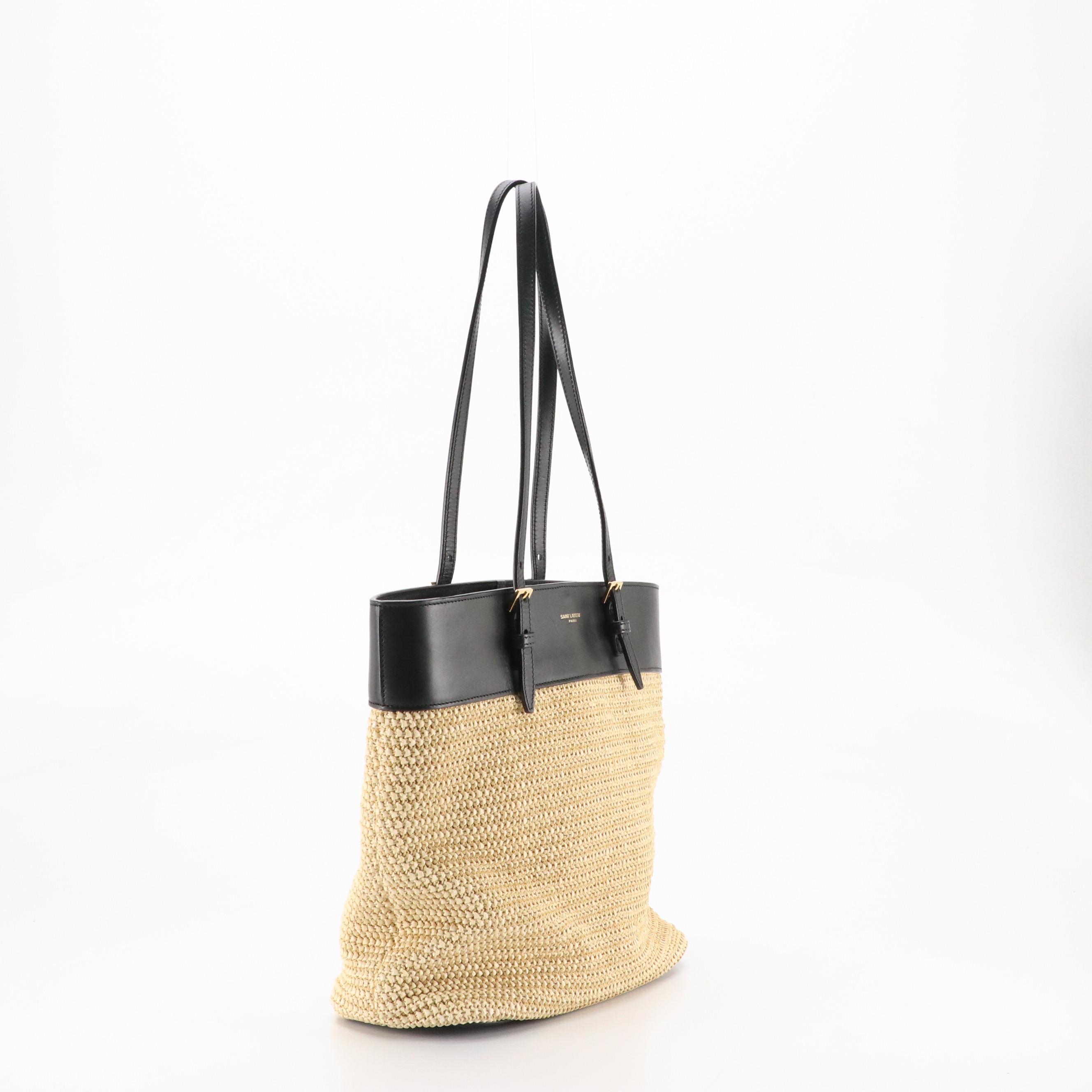 Saint Laurent Bucket Bag in Boucle Raffia and Black Calfskin Leather