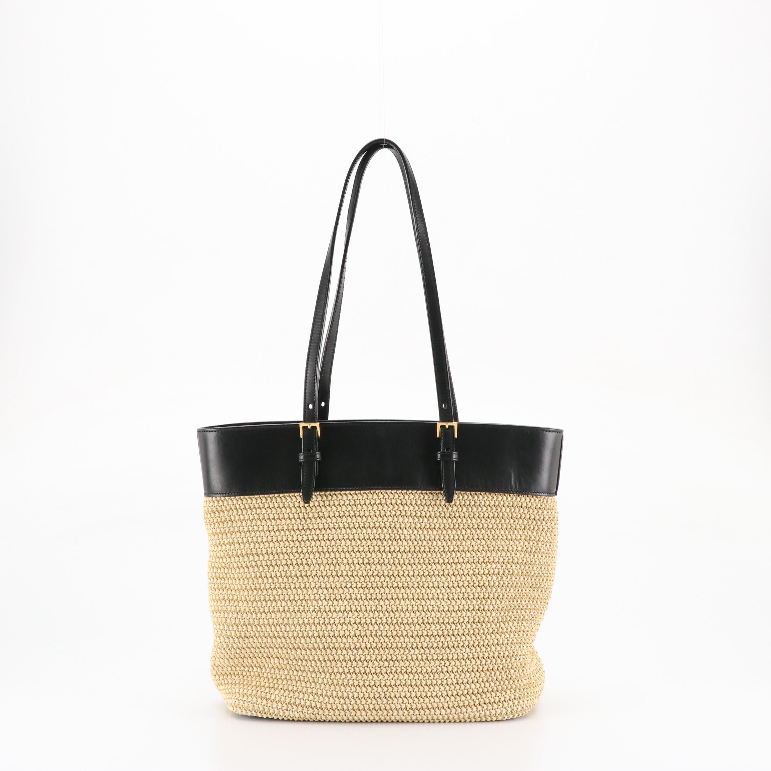 Saint Laurent Bucket Bag in Boucle Raffia and Black Calfskin Leather