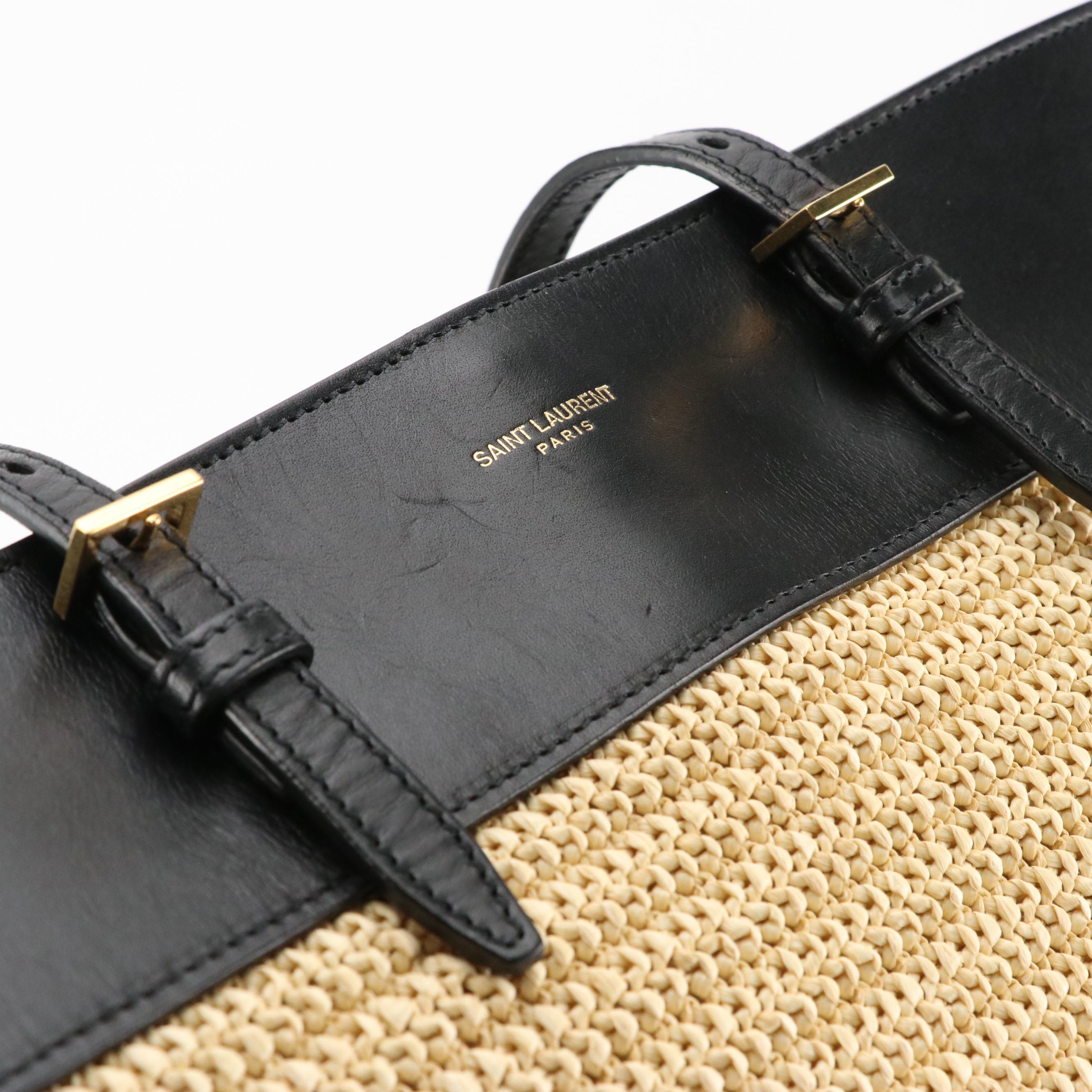 Saint Laurent Bucket Bag in Boucle Raffia and Black Calfskin Leather