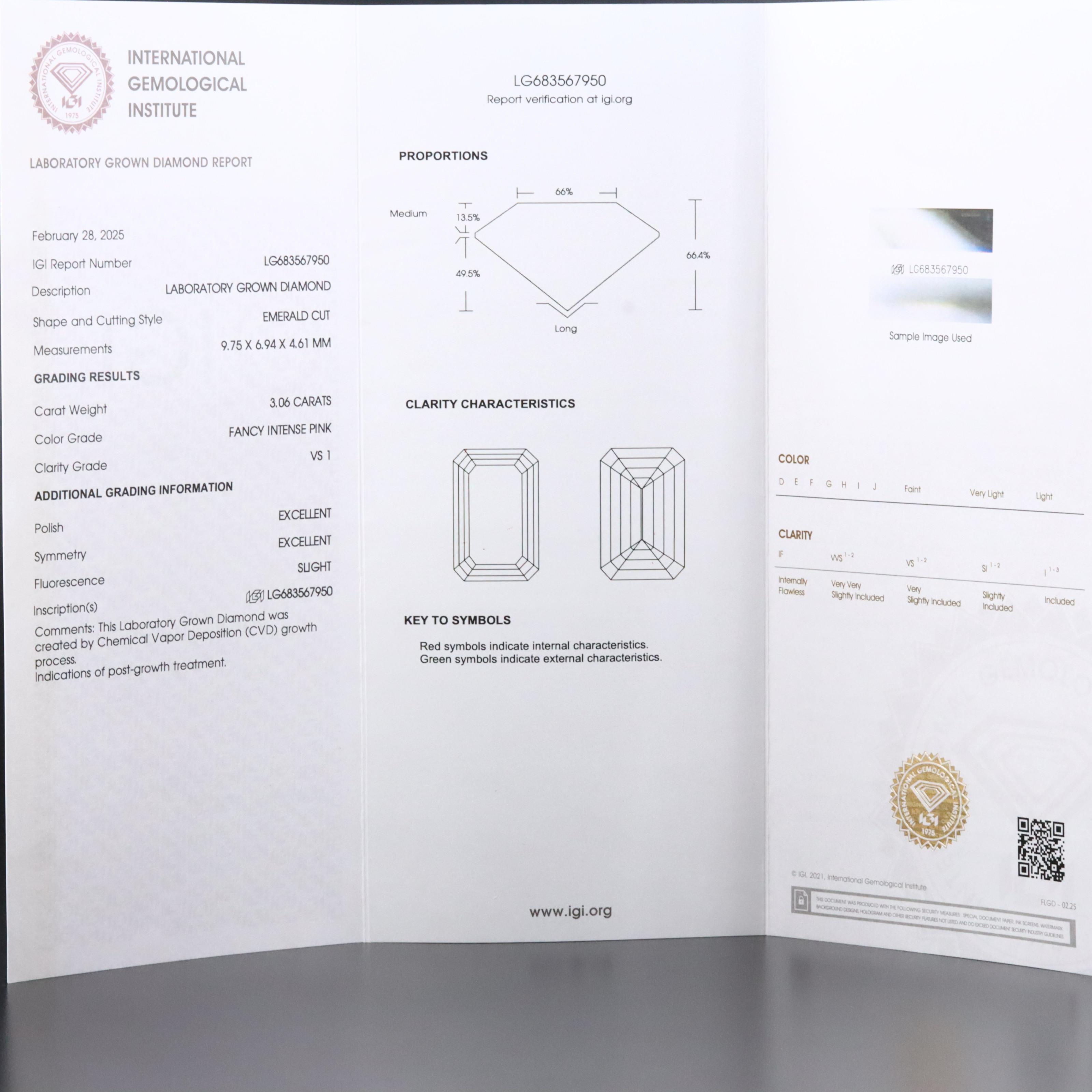 Platinum 3.36 Lab Grown Diamond Ring with Fancy Pink Center and IGI Report