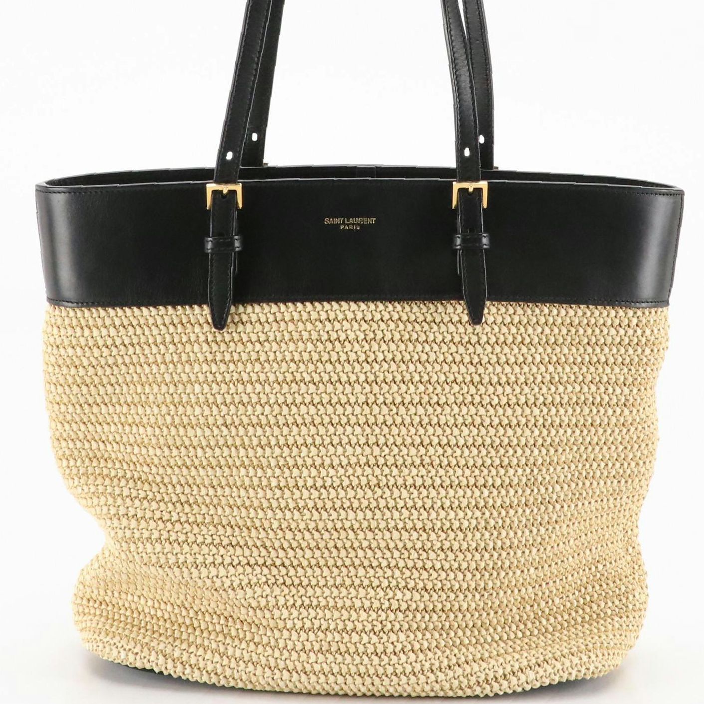 Saint Laurent Bucket Bag in Boucle Raffia and Black Calfskin Leather