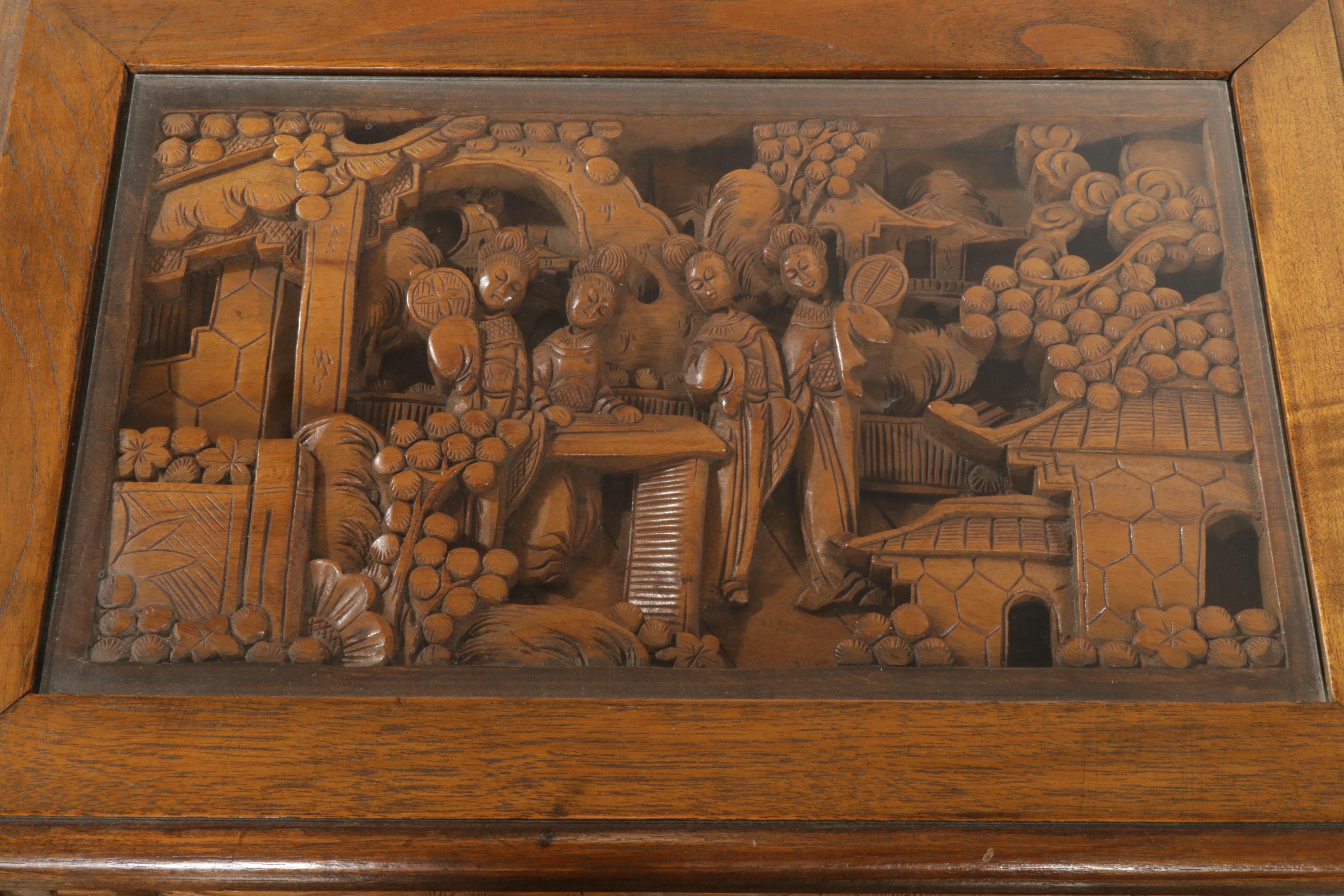 Chinese Style Hand-Carved Glass-Top Nesting Tables, Set of Four