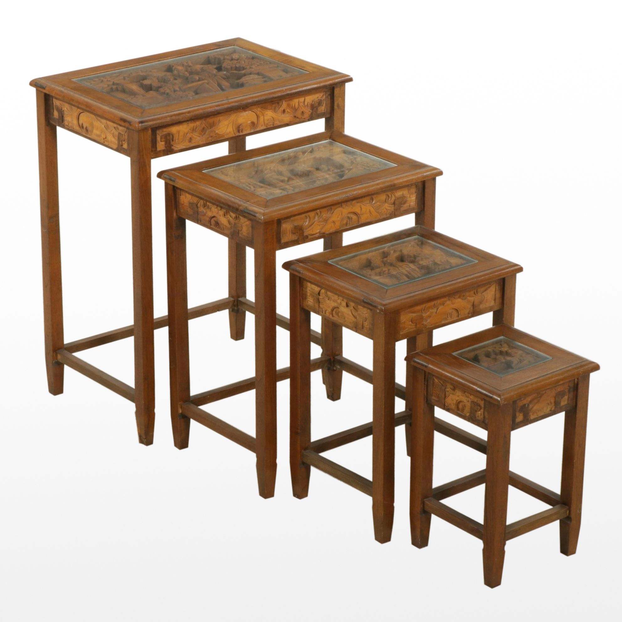 Chinese Style Hand-Carved Glass-Top Nesting Tables, Set of Four