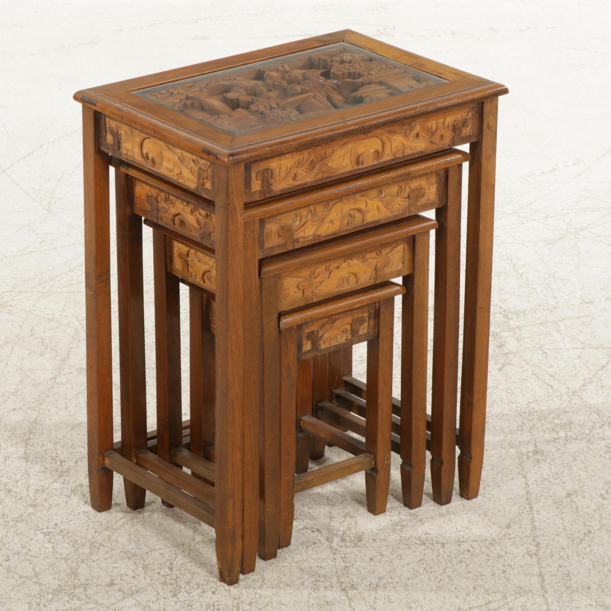 Chinese Style Hand-Carved Glass-Top Nesting Tables, Set of Four