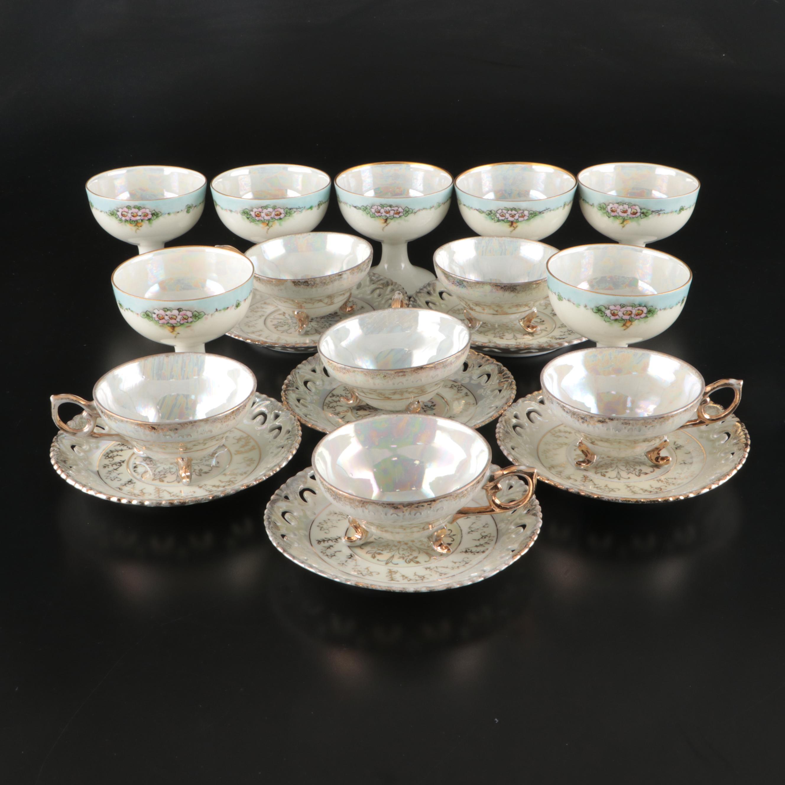 Yamato Japanese Lusterware Cups and Saucers with Footed Dessert Cups