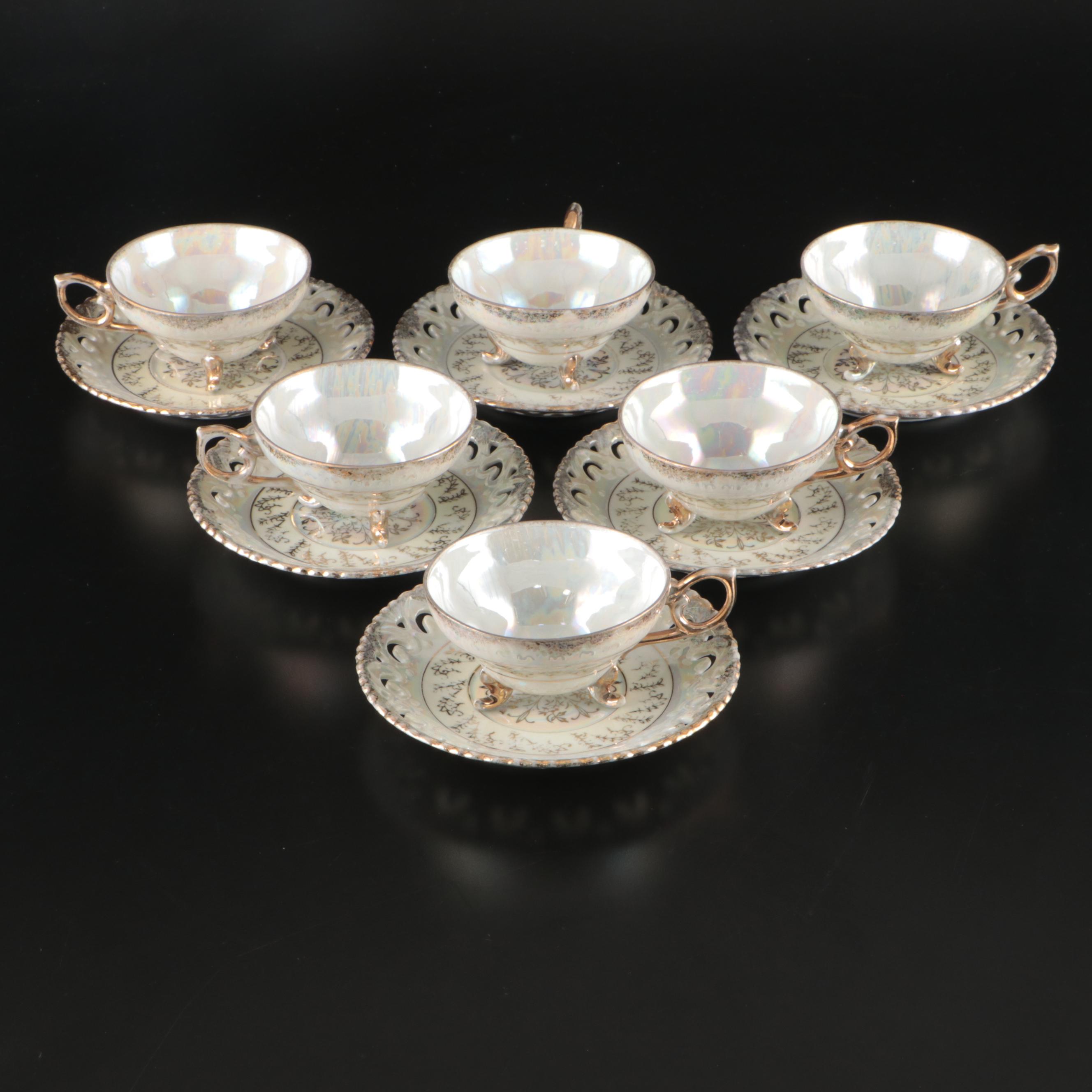 Yamato Japanese Lusterware Cups and Saucers with Footed Dessert Cups