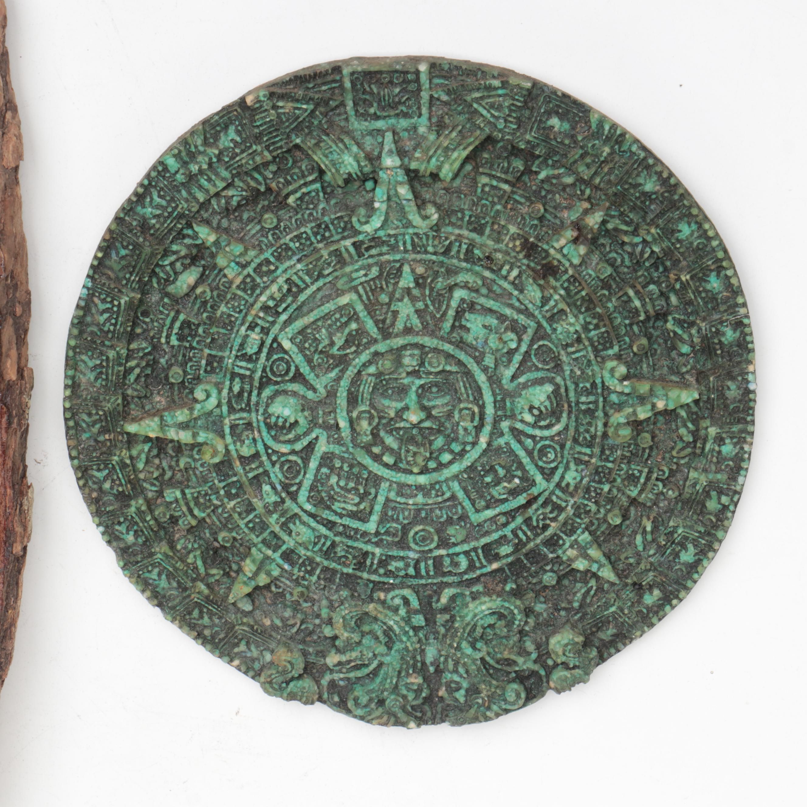 Aztec Calendar Replica Plaque with Artist Hand-Painted Wood Panel