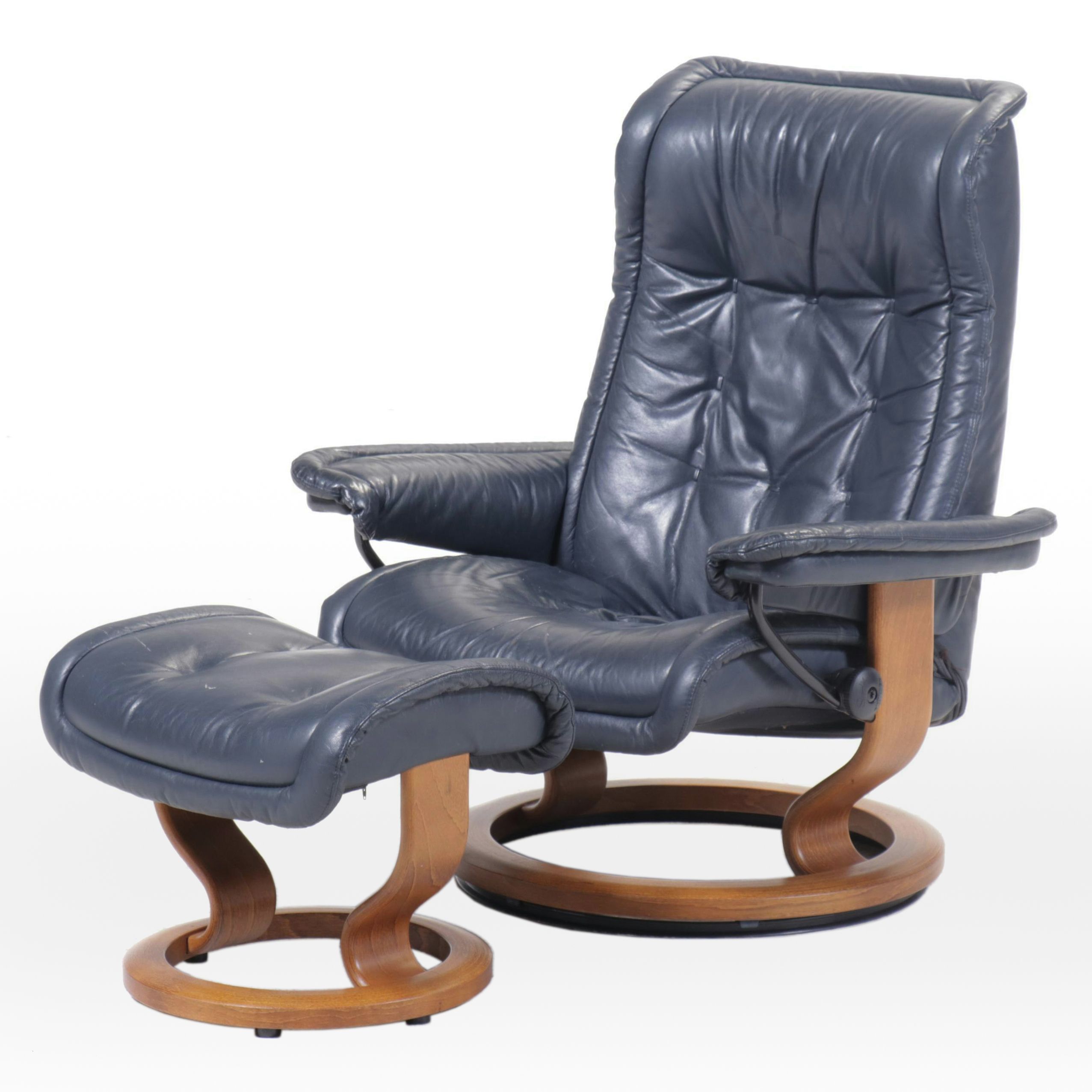 Ekornes Navy Leather Lounge Chair with Ottoman