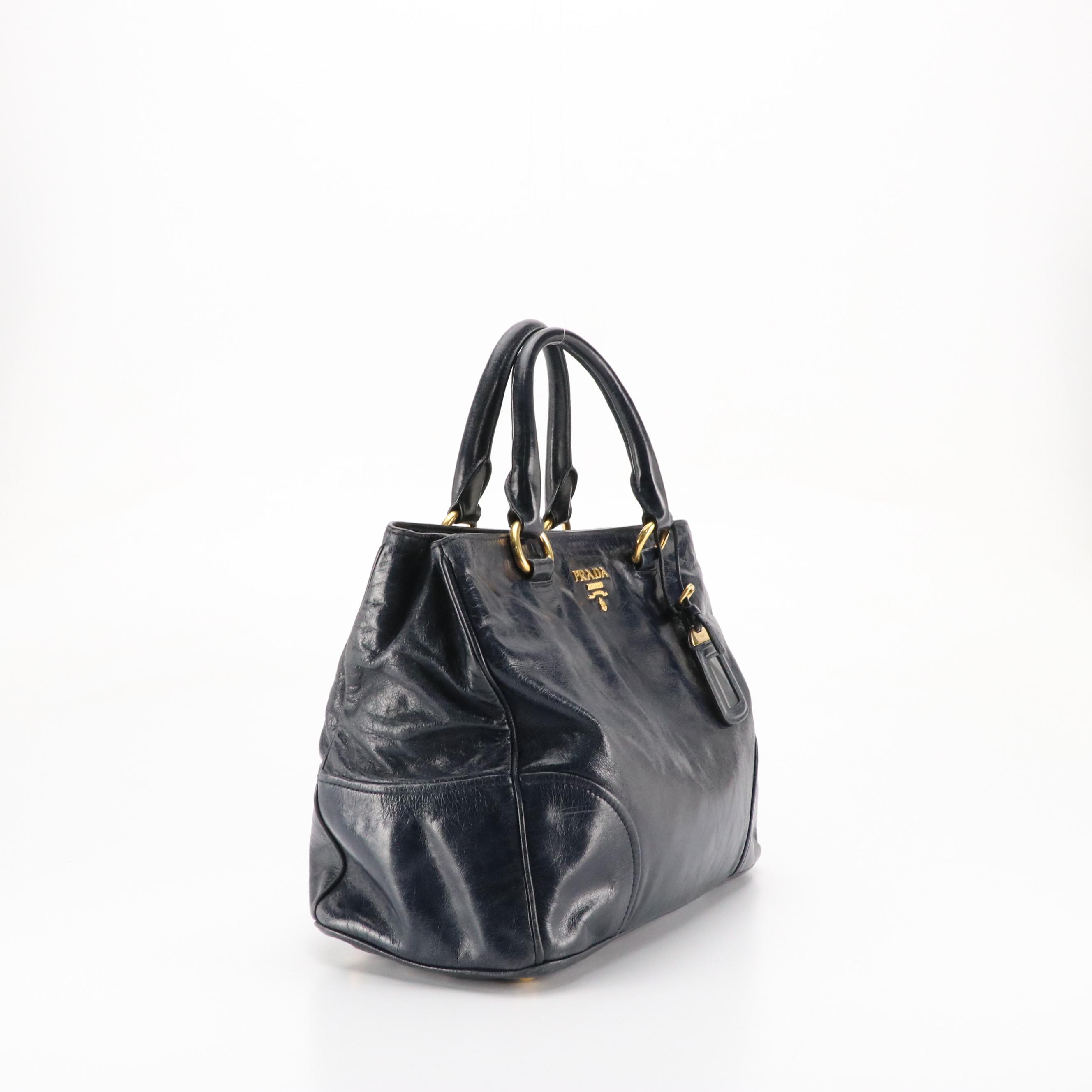 Prada Two-Way Shoulder Bag in Dark Blue Vitello Shine Leather