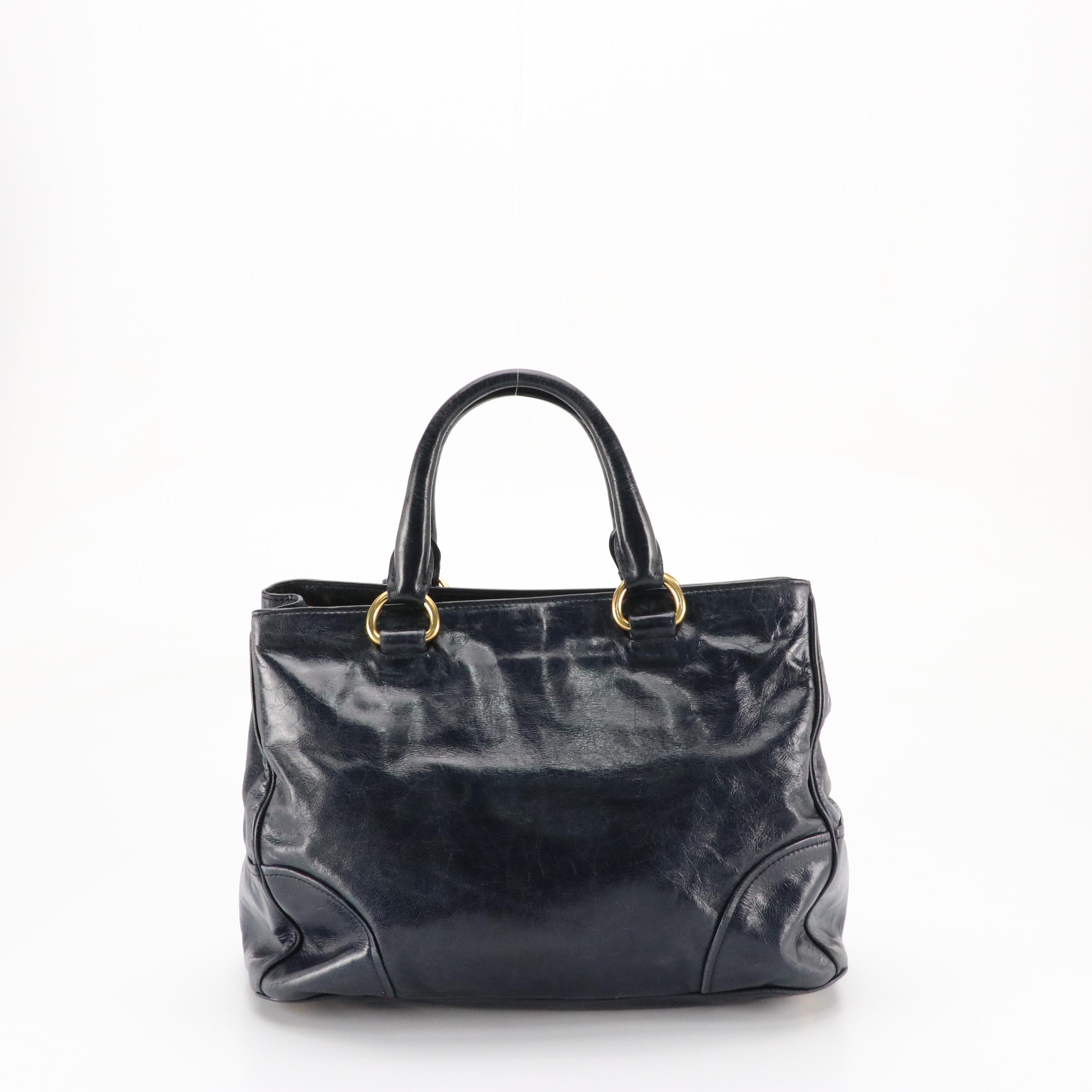 Prada Two-Way Shoulder Bag in Dark Blue Vitello Shine Leather