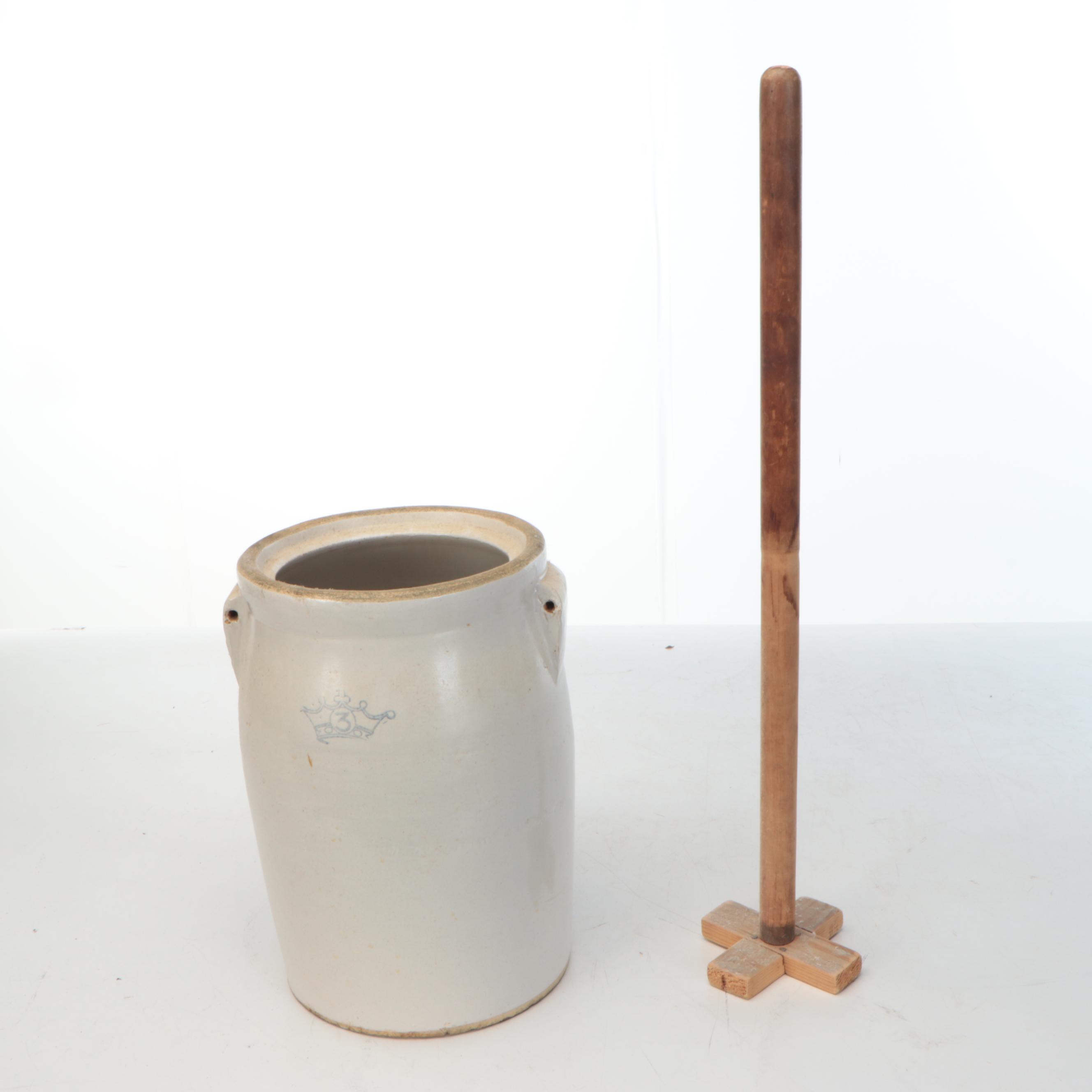 Stoneware Butter Churn with Wooden Dasher, Late 19th/Early 20th Century