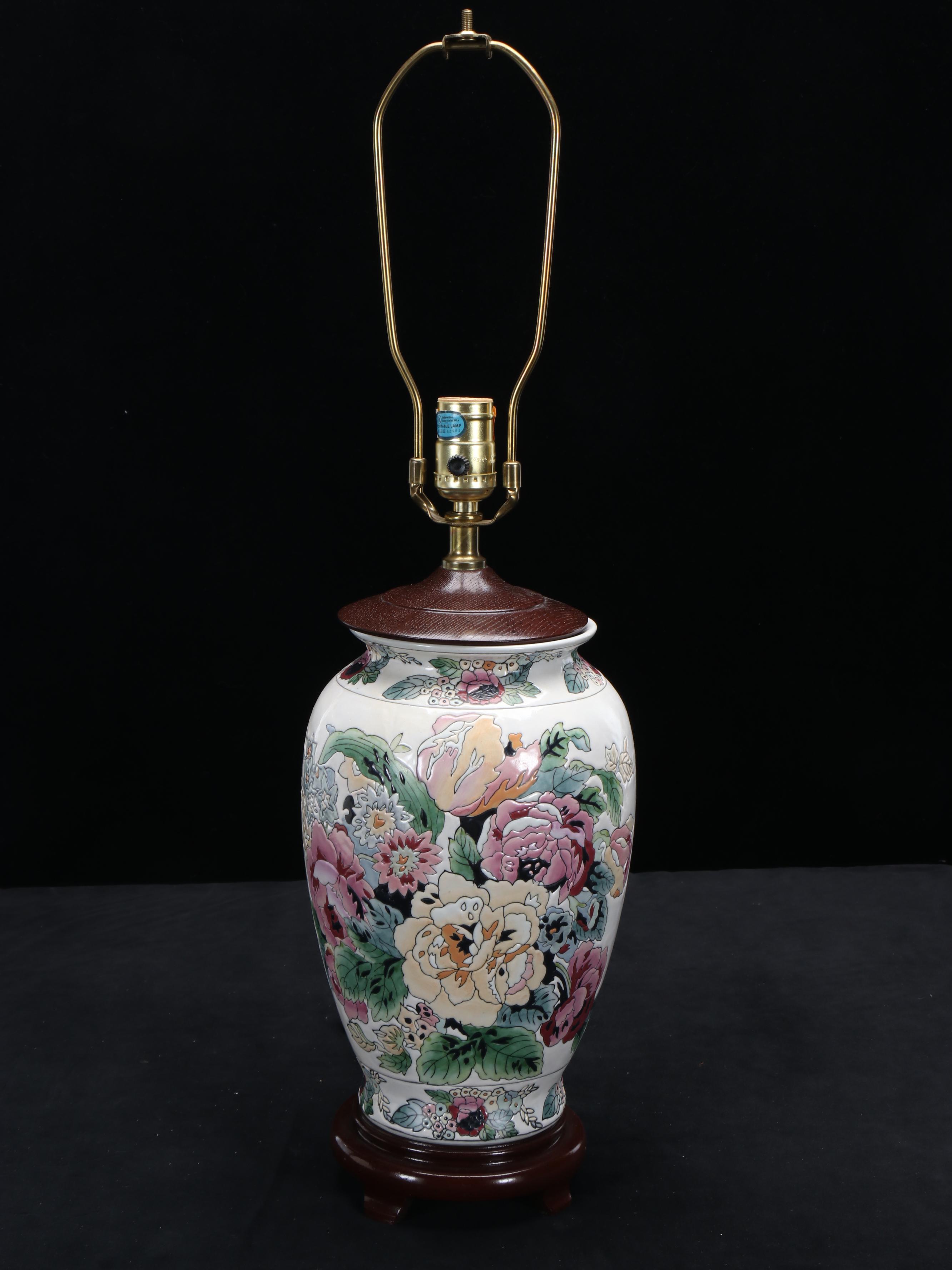 Chinese Porcelain Flower Motif Vase Table Lamp & Box Pleat Silk Shade