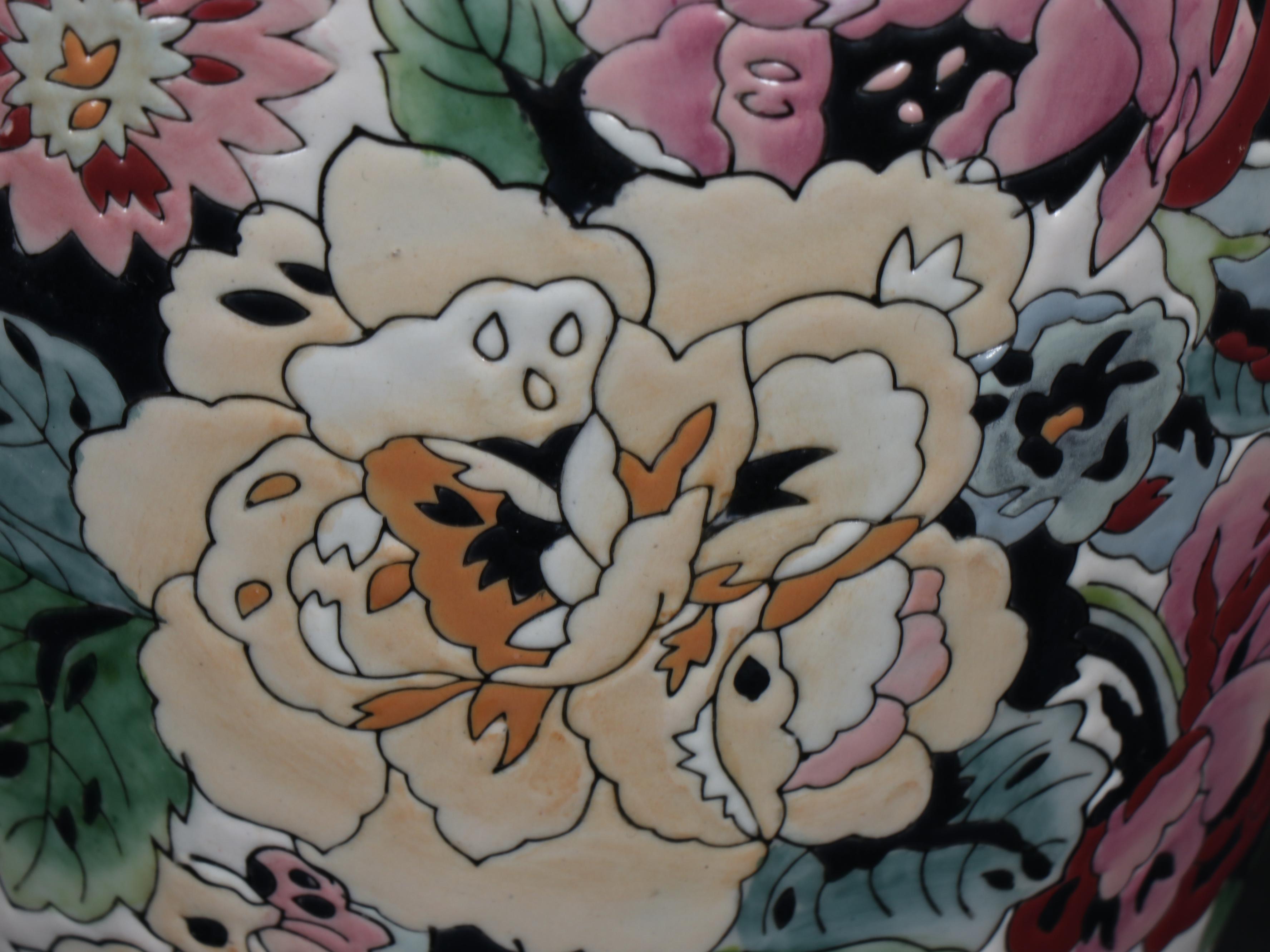 Chinese Porcelain Flower Motif Vase Table Lamp & Box Pleat Silk Shade