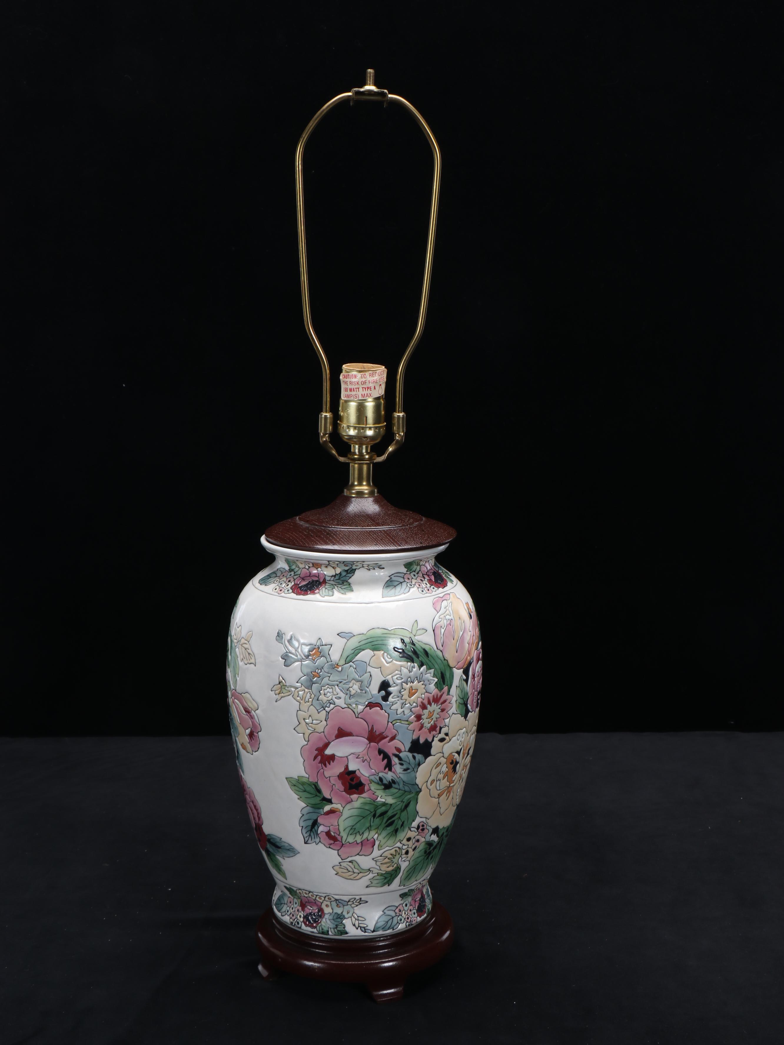 Chinese Porcelain Flower Motif Vase Table Lamp & Box Pleat Silk Shade