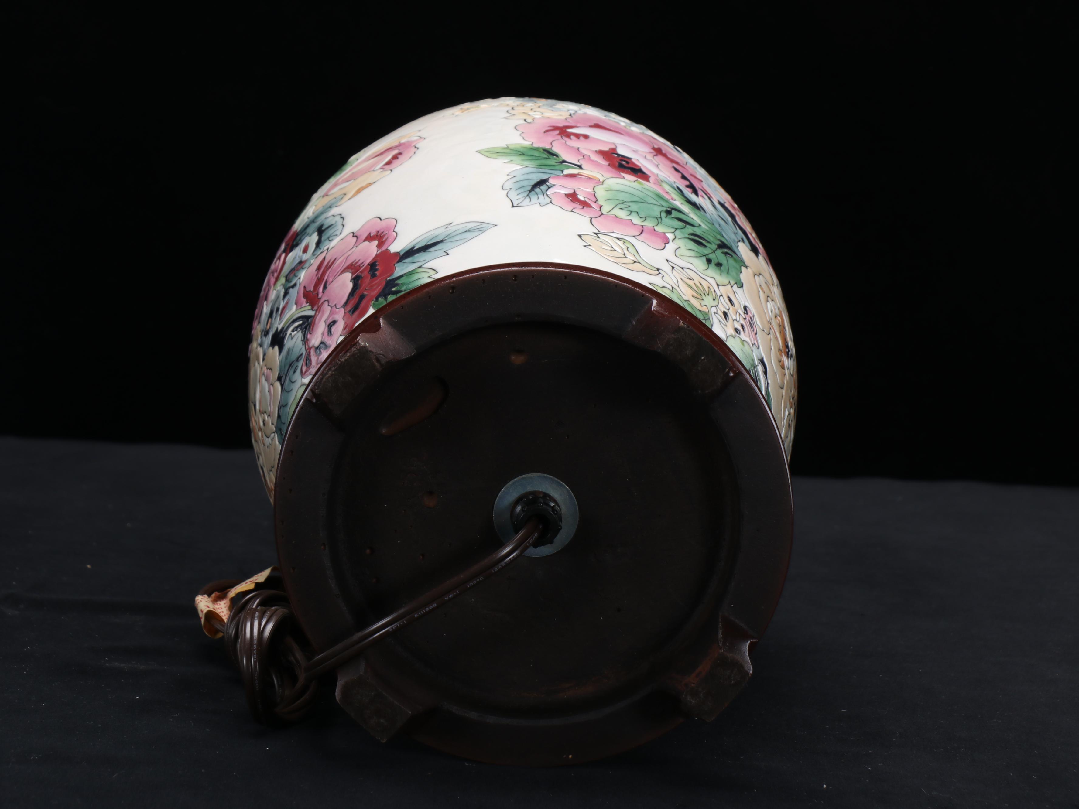 Chinese Porcelain Flower Motif Vase Table Lamp & Box Pleat Silk Shade